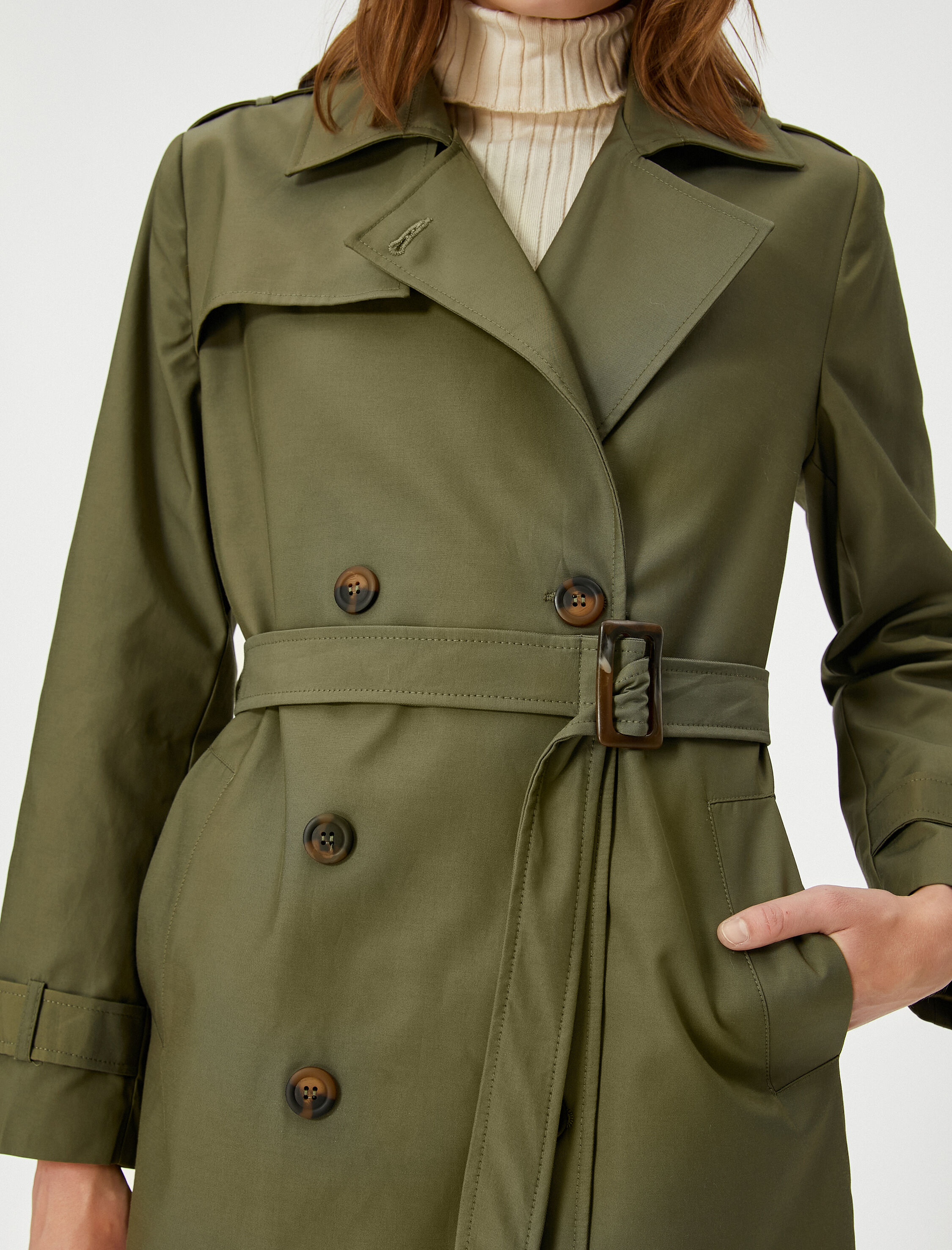 Kemerli Trençkot Kruvaze Kapama Rüzgarlık Detaylı Cepli