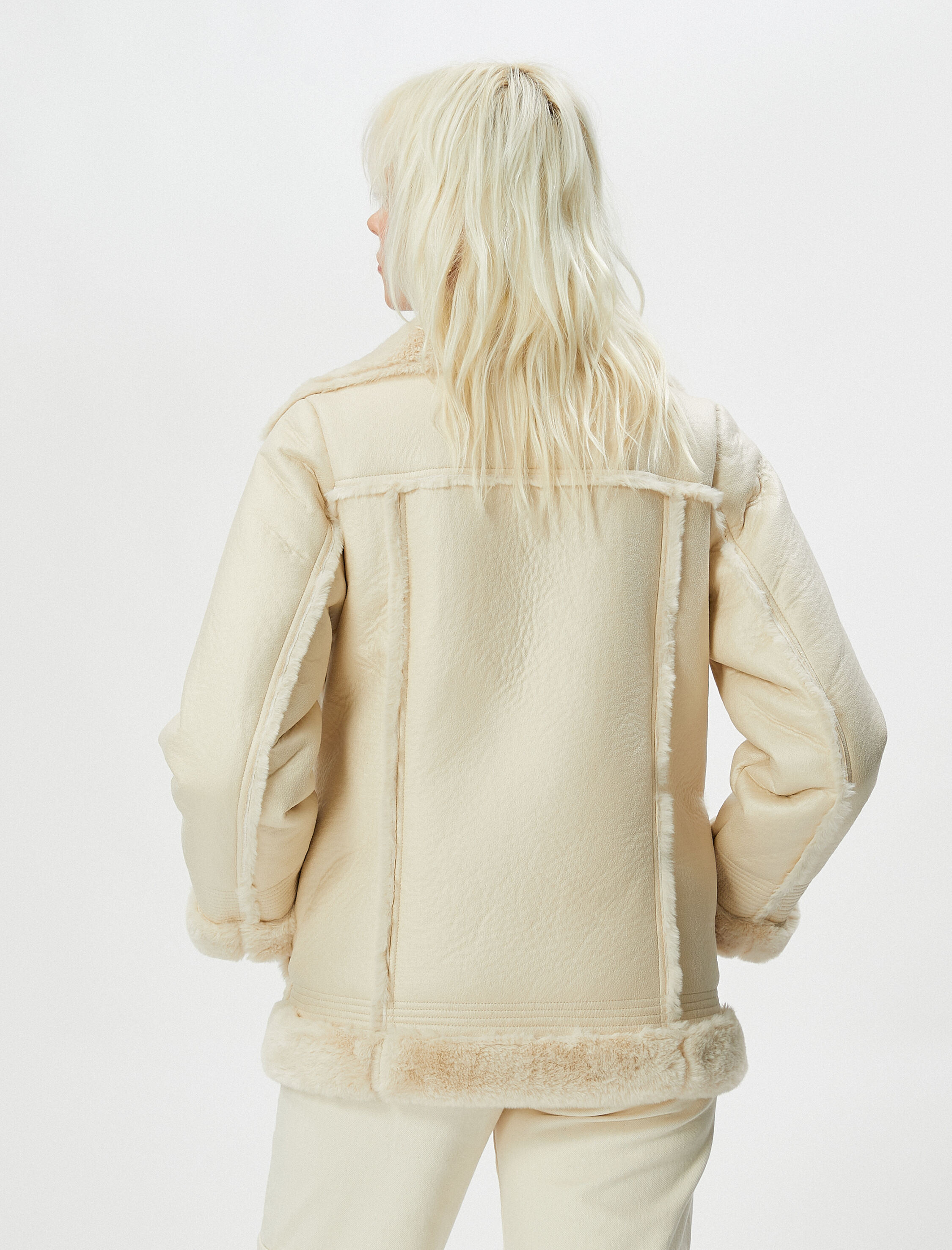   Biker Ceket Suni Deri Peluş Detaylı Fermuarlı Cepli