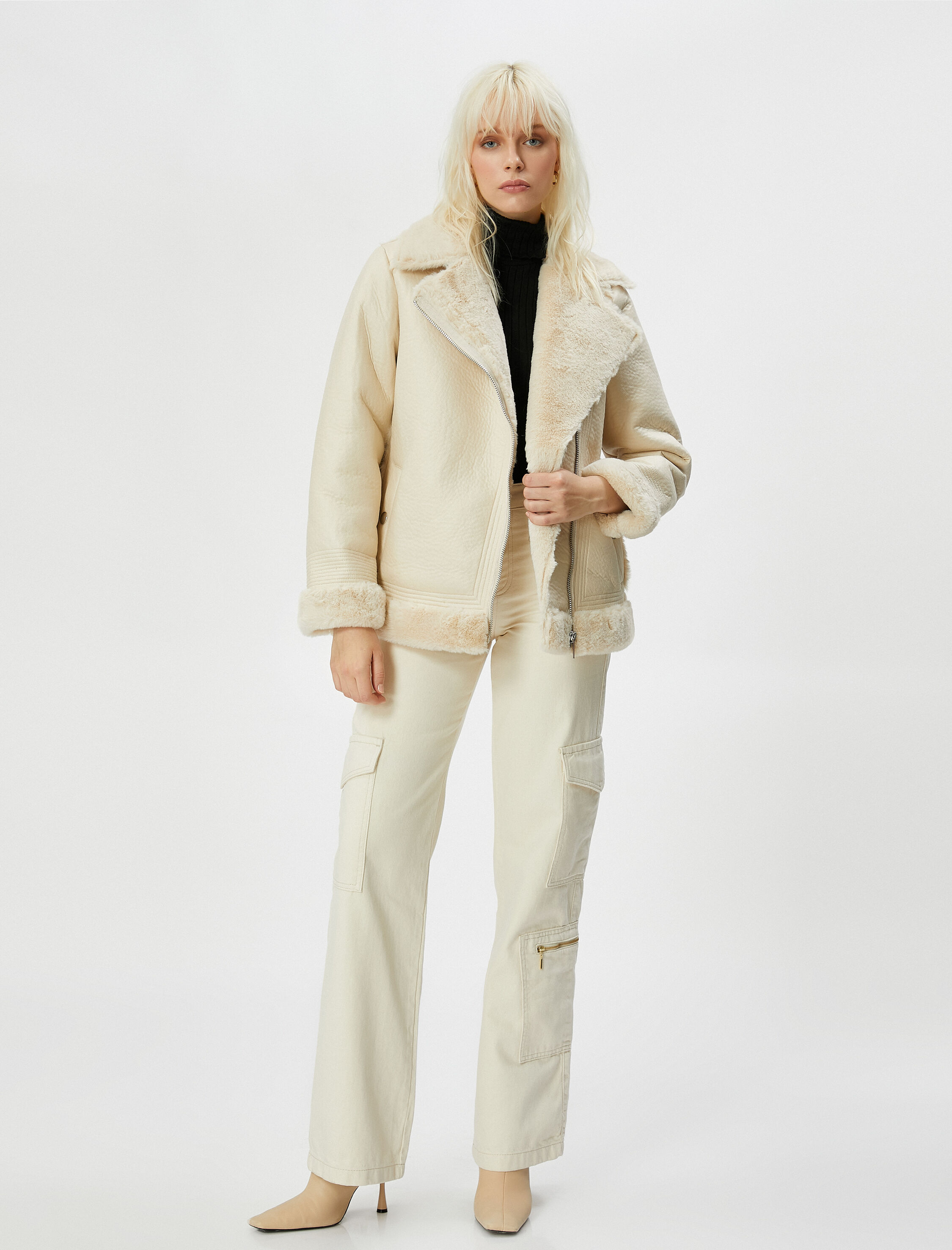   Biker Ceket Suni Deri Peluş Detaylı Fermuarlı Cepli