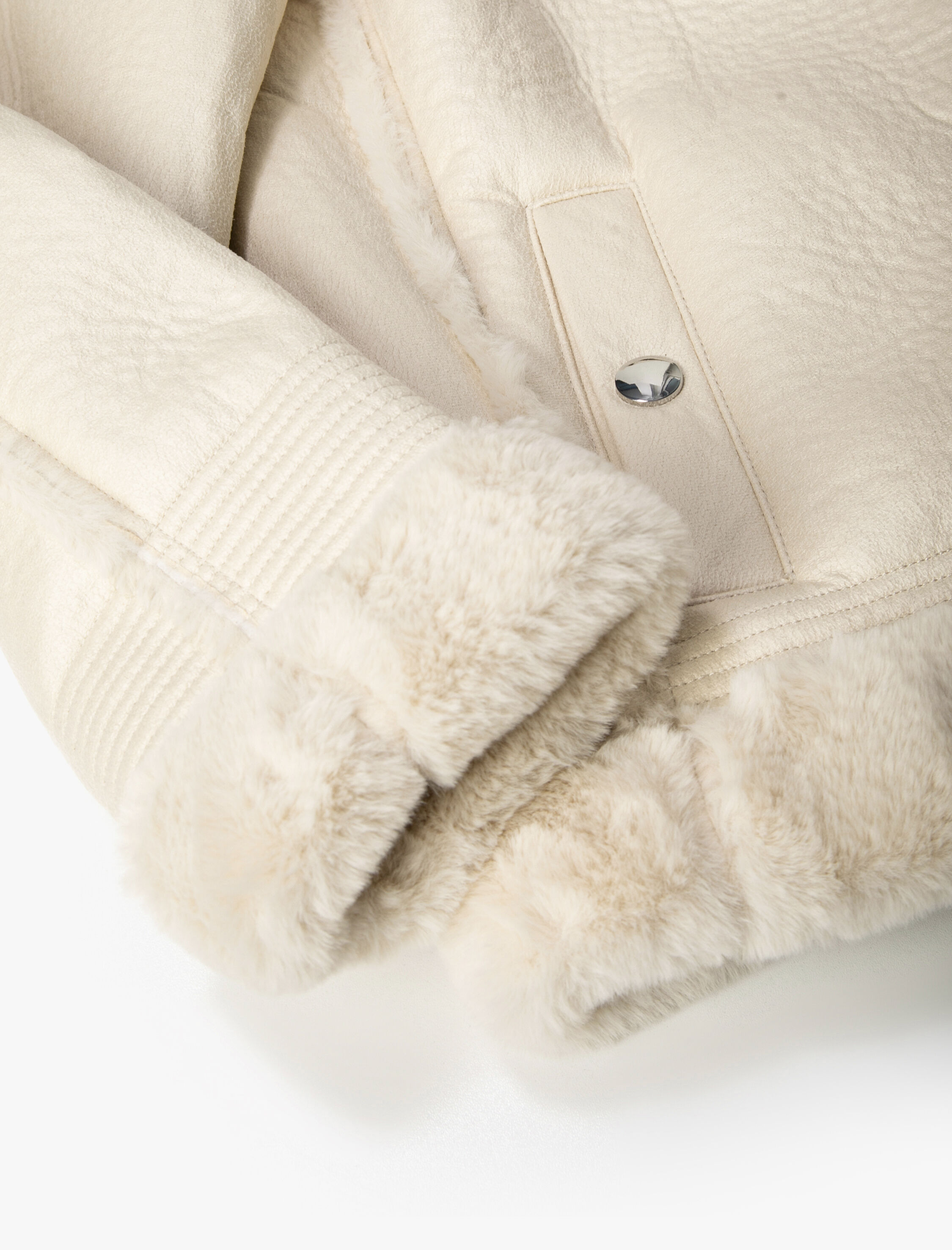   Biker Ceket Suni Deri Peluş Detaylı Fermuarlı Cepli