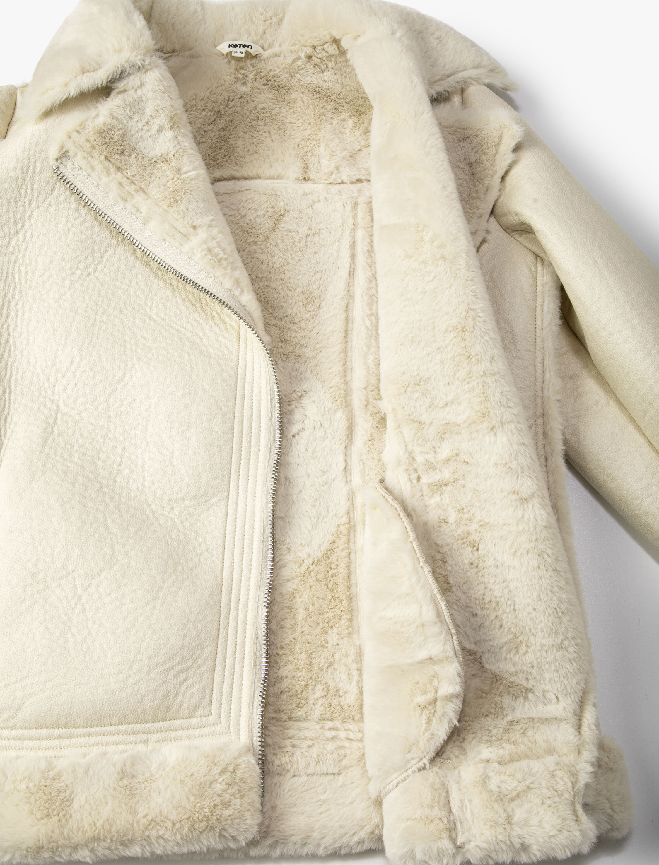   Biker Ceket Suni Deri Peluş Detaylı Fermuarlı Cepli