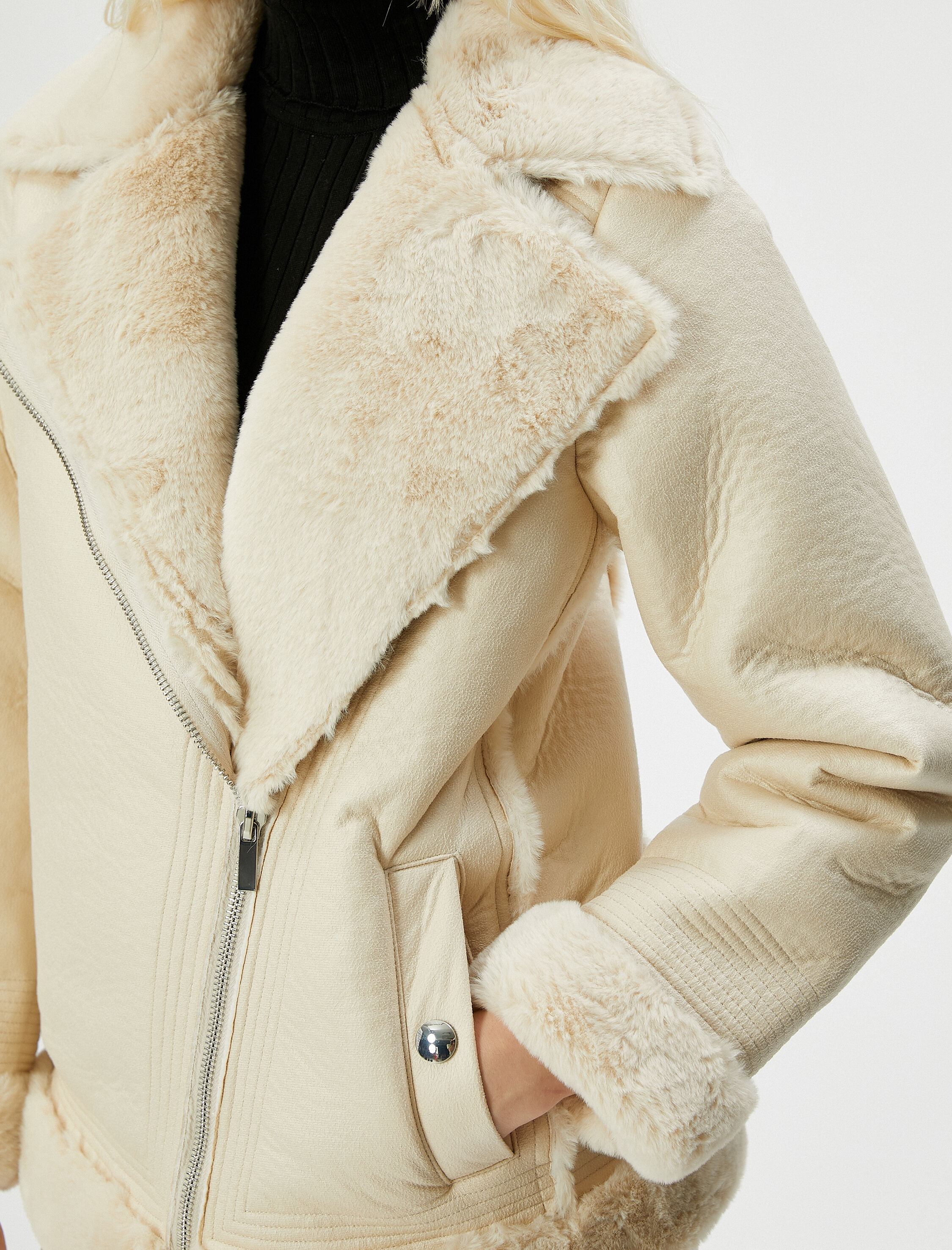   Biker Ceket Suni Deri Peluş Detaylı Fermuarlı Cepli