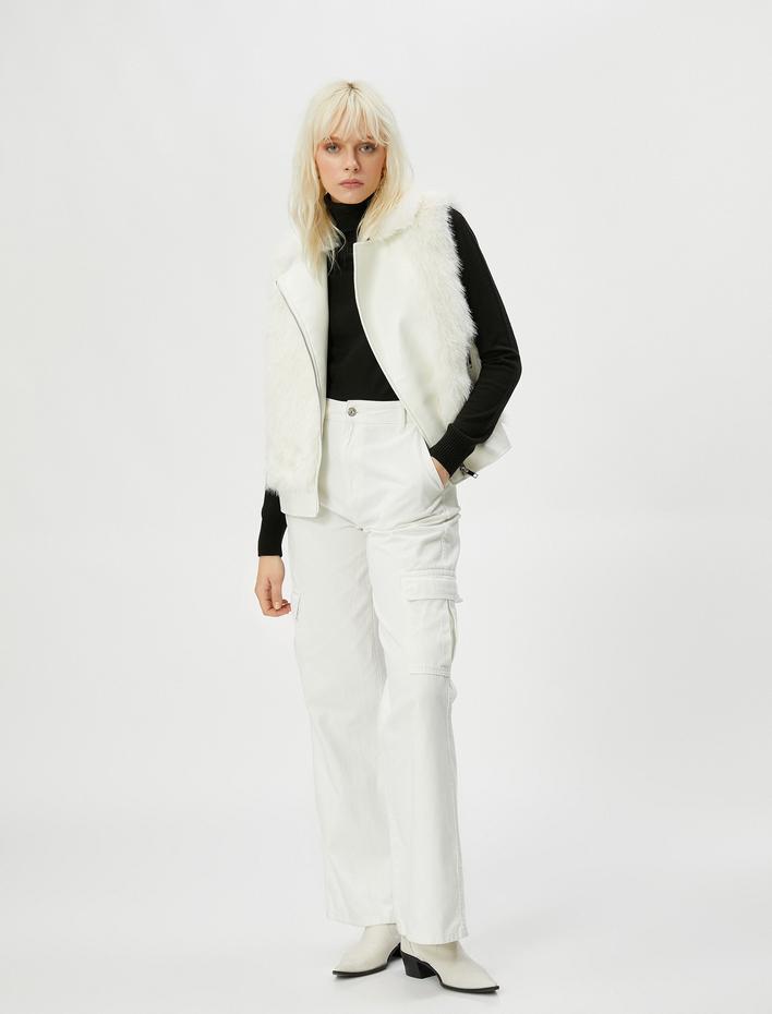  Peluş Yelek Kruvaze Kapama Fermuarlı Cep Detaylı