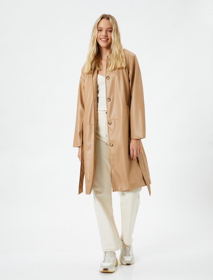  Trençkot Deri Görünümlü Midi Boy Kemer Detaylı Cepli Düğmeli