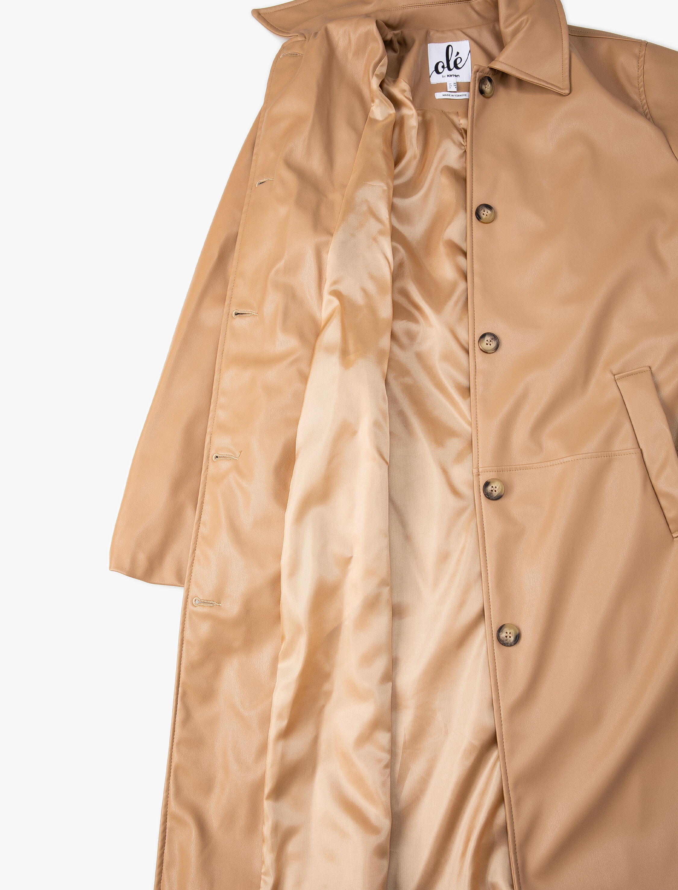   Trençkot Deri Görünümlü Midi Boy Kemer Detaylı Cepli Düğmeli