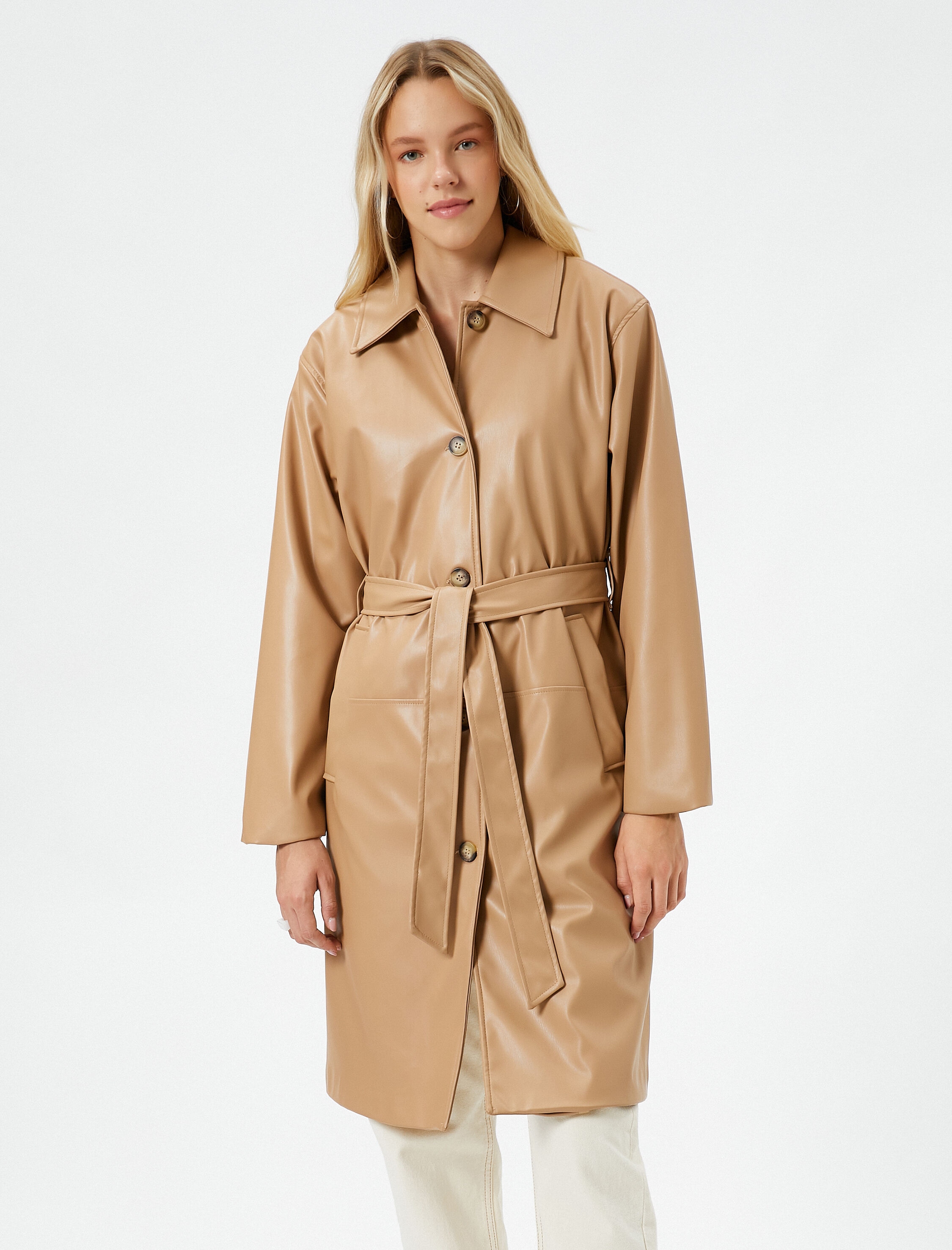   Trençkot Deri Görünümlü Midi Boy Kemer Detaylı Cepli Düğmeli