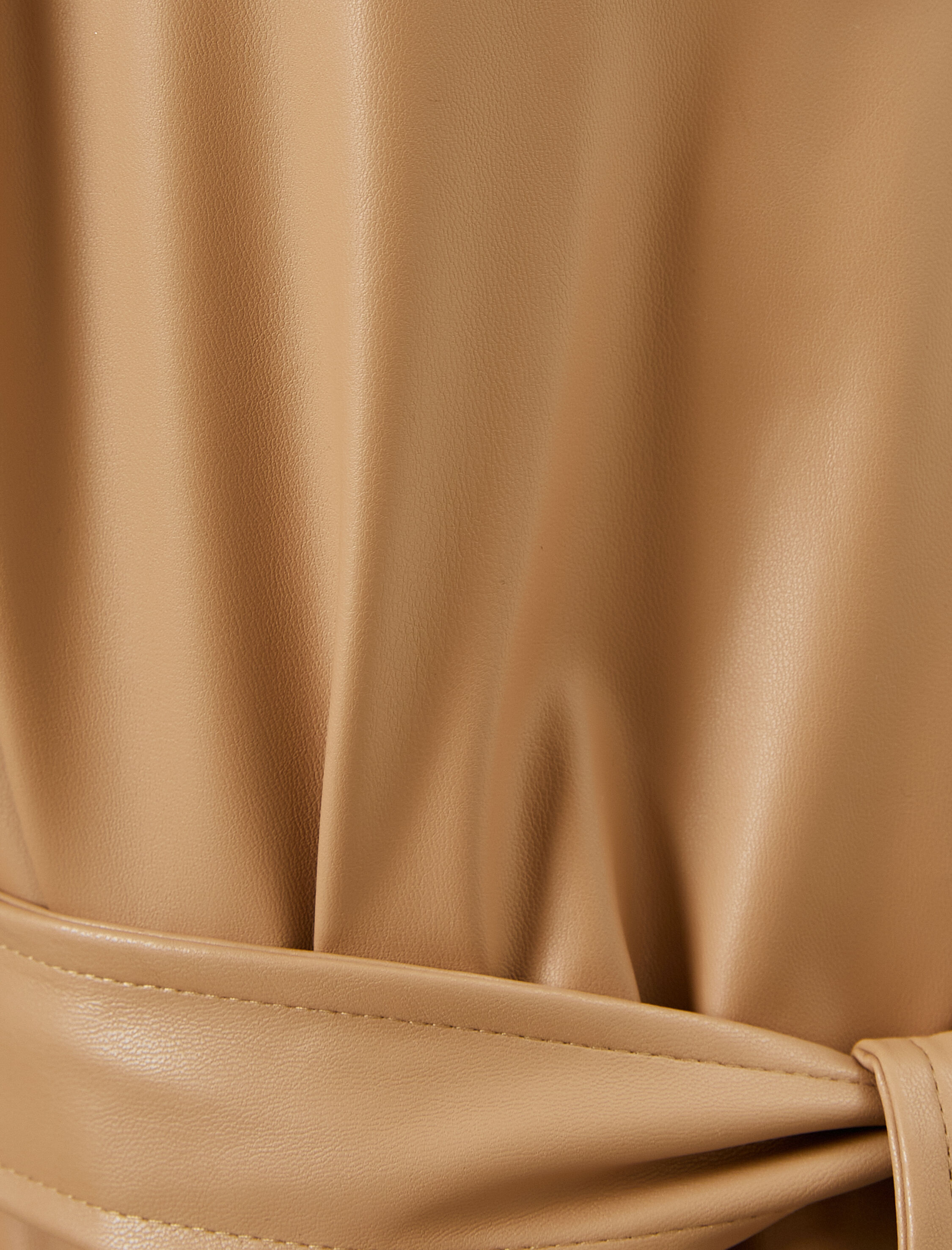   Trençkot Deri Görünümlü Midi Boy Kemer Detaylı Cepli Düğmeli