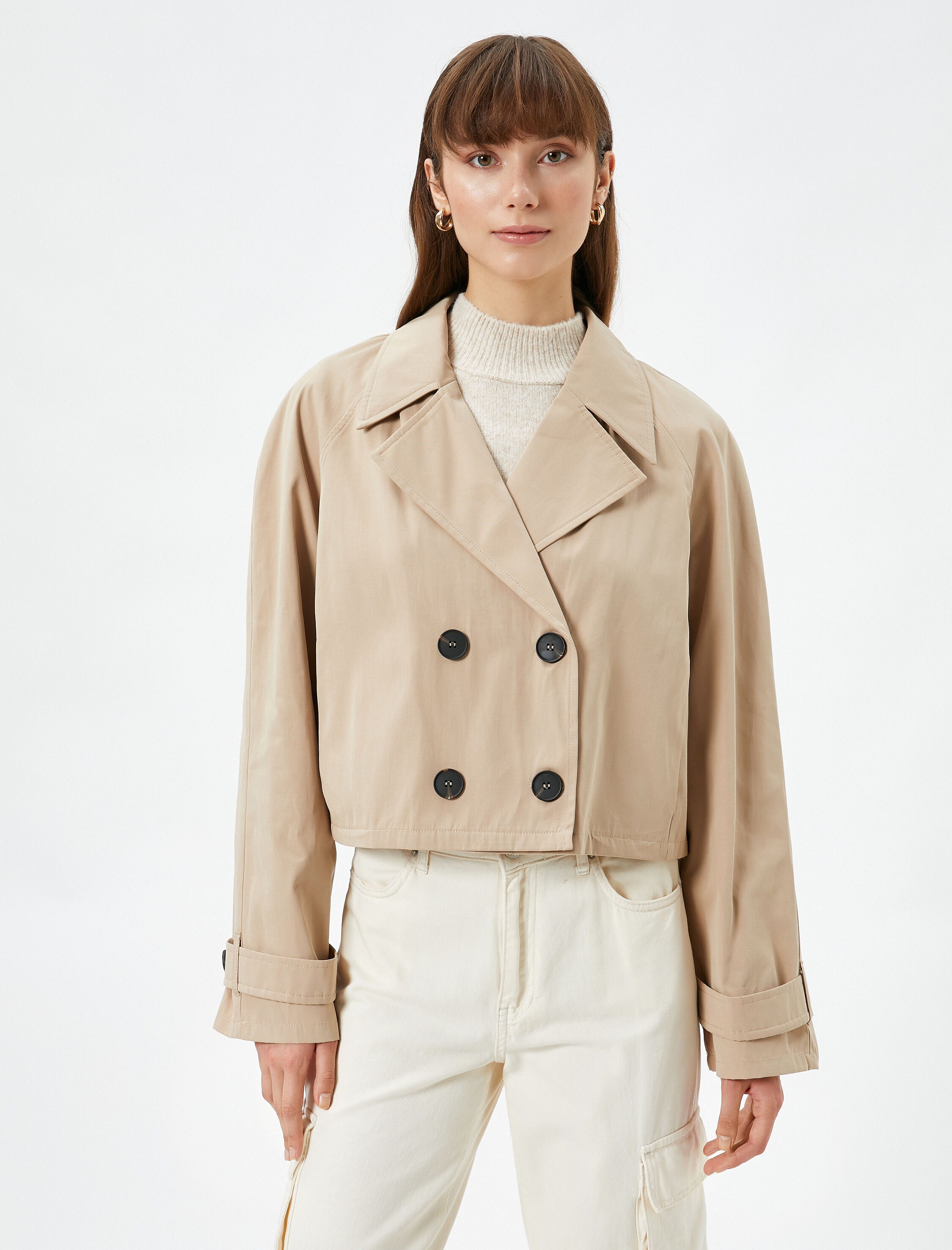   Kısa Trençkot Kruvaze Kapama Düğmeli Astarlı