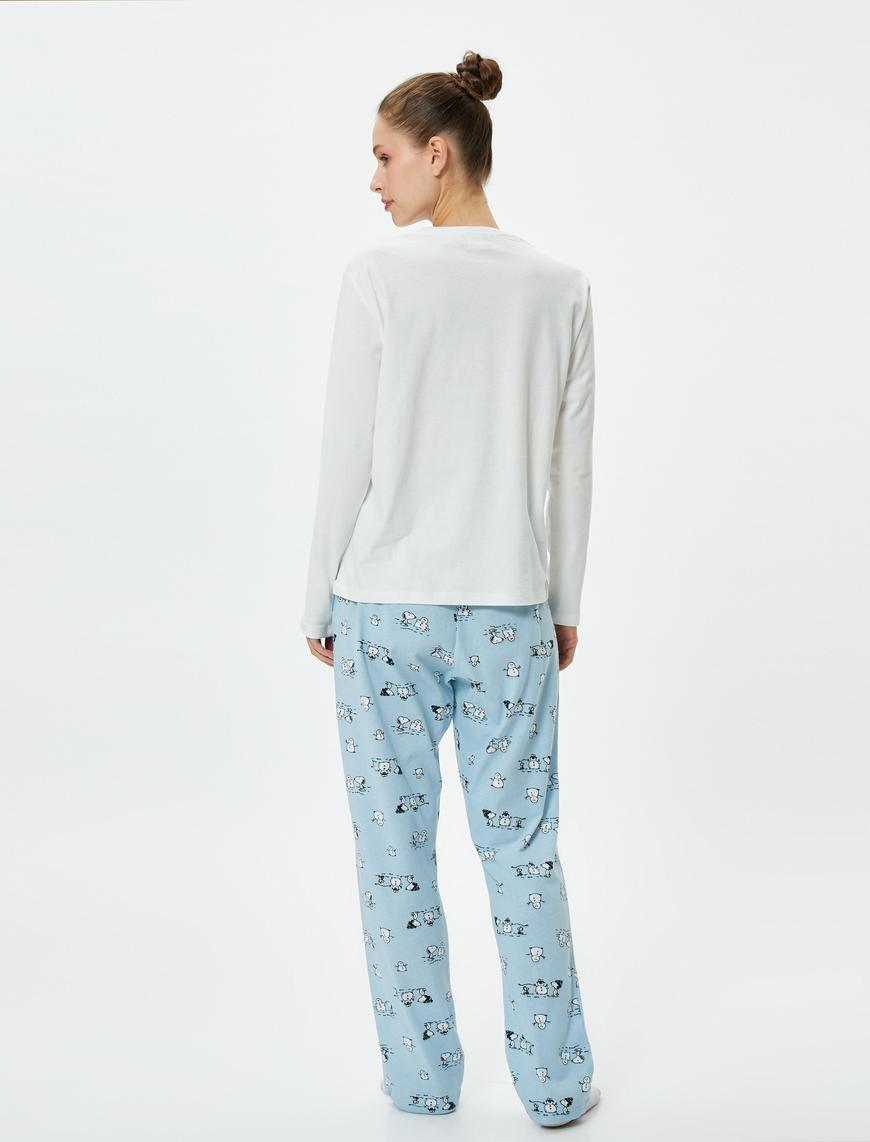  Pijama Takımı Snoopy Lisanslı Baskılı Uzun Kollu Pamuklu
