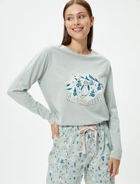 Uzun Kollu Pijama Takımı Pamuklu Slogan Baskılı Bisiklet Yaka