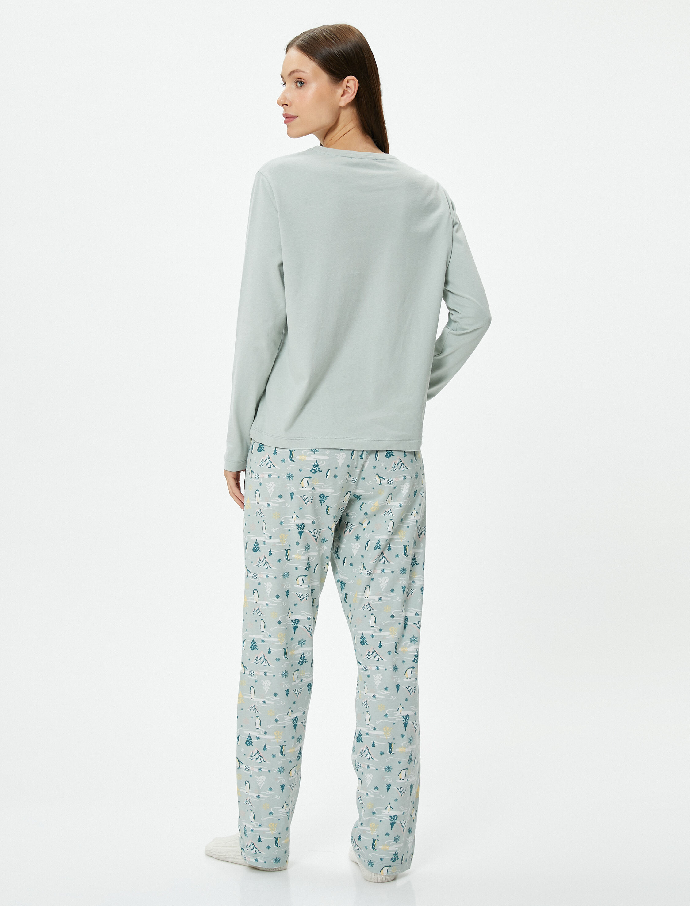   Uzun Kollu Pijama Takımı Pamuklu Slogan Baskılı Bisiklet Yaka