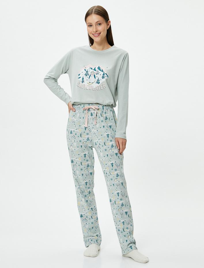  Uzun Kollu Pijama Takımı Pamuklu Slogan Baskılı Bisiklet Yaka