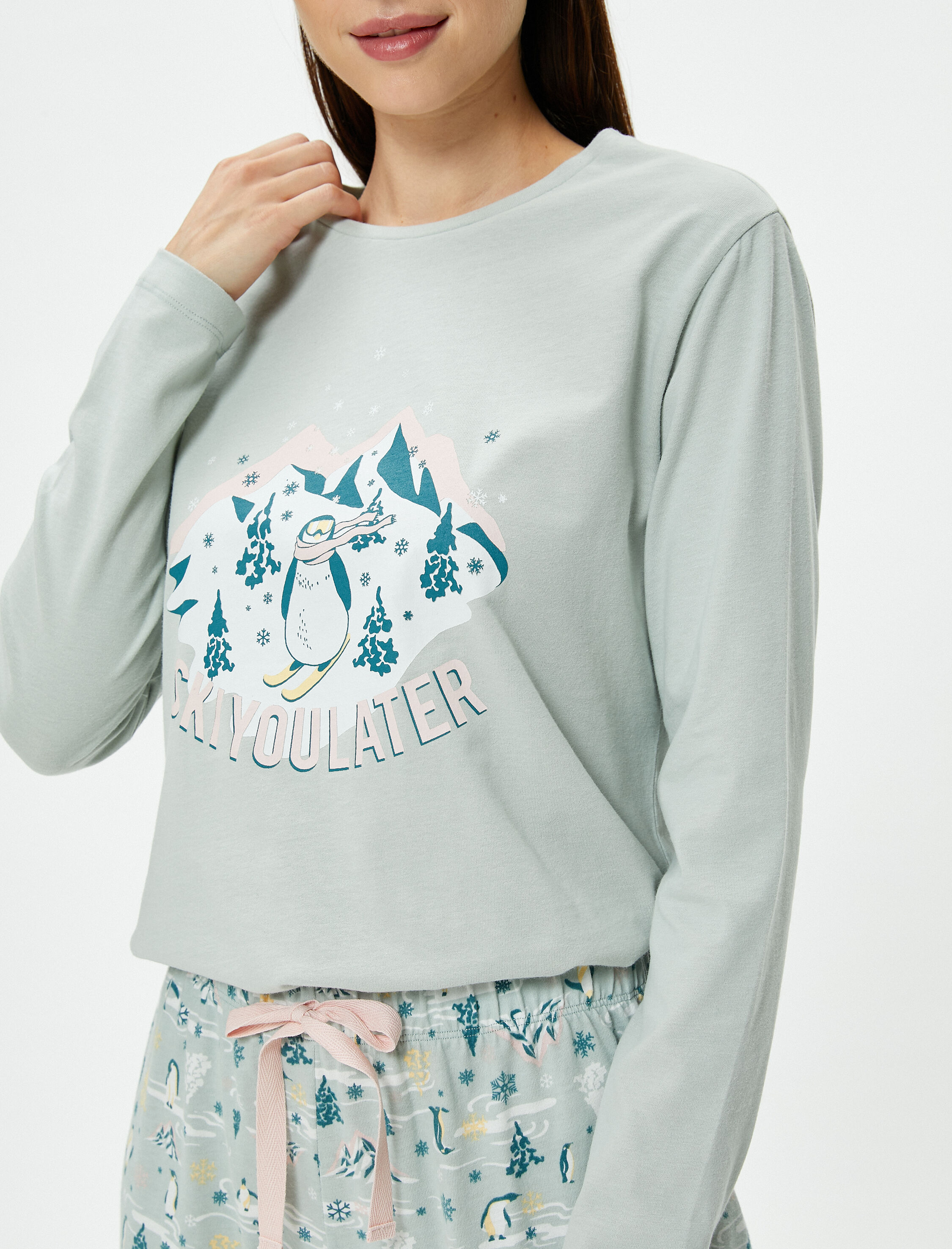   Uzun Kollu Pijama Takımı Pamuklu Slogan Baskılı Bisiklet Yaka