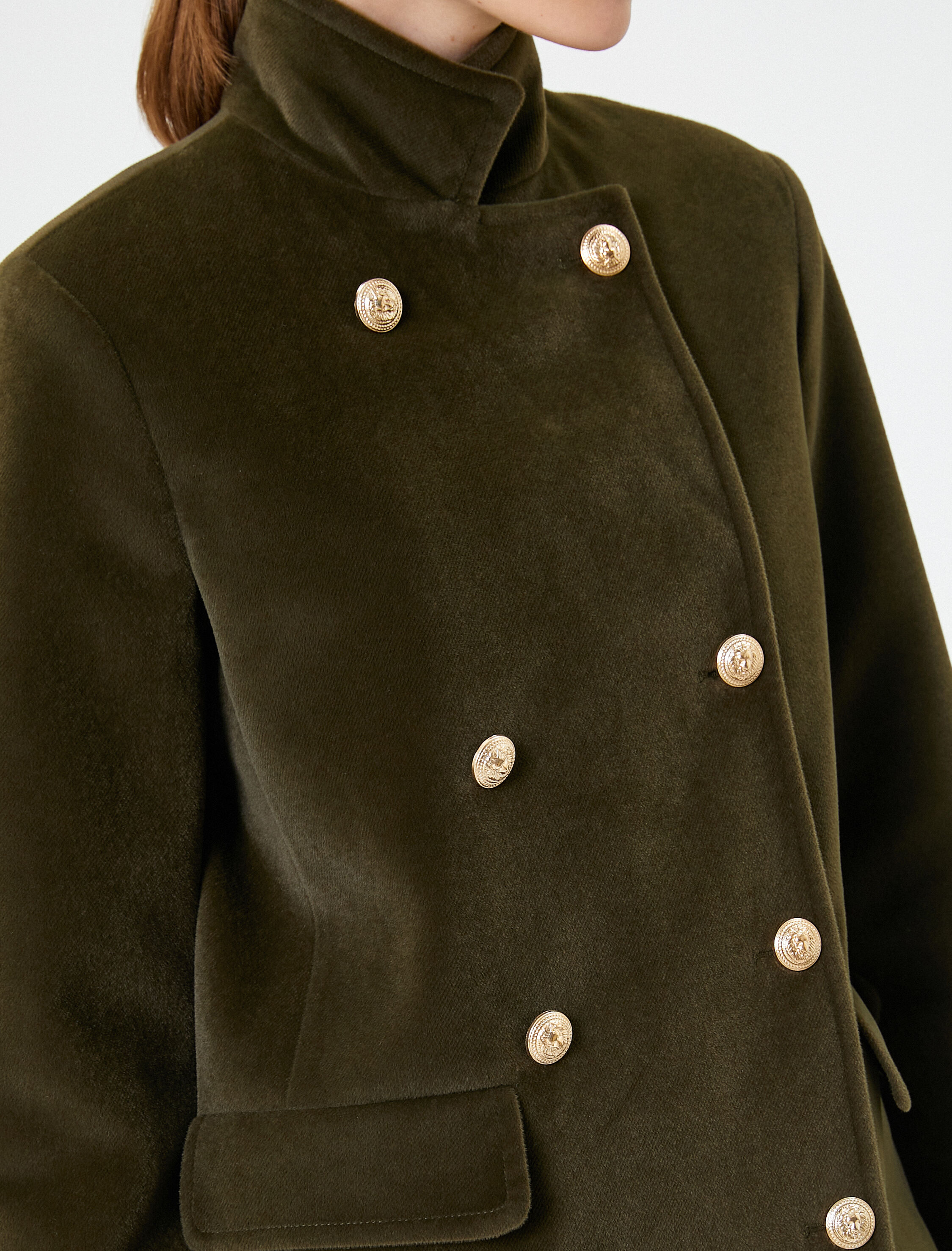 Kaşe Kaban Kruvaze Gold Düğmeli Dik Yaka Kapaklı Cepli