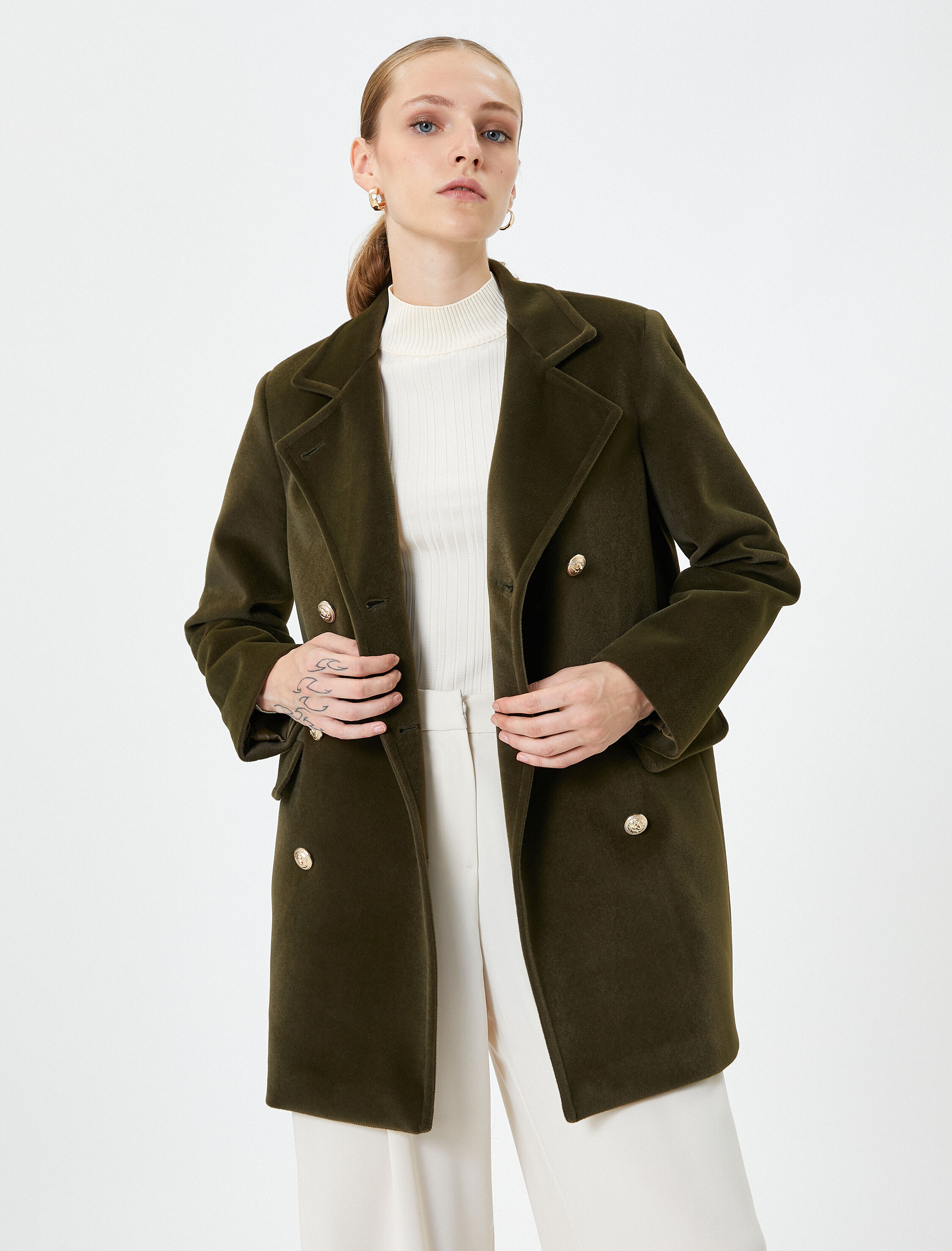 Kaşe Kaban Kruvaze Gold Düğmeli Dik Yaka Kapaklı Cepli