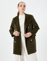 Kaşe Kaban Kruvaze Gold Düğmeli Dik Yaka Kapaklı Cepli