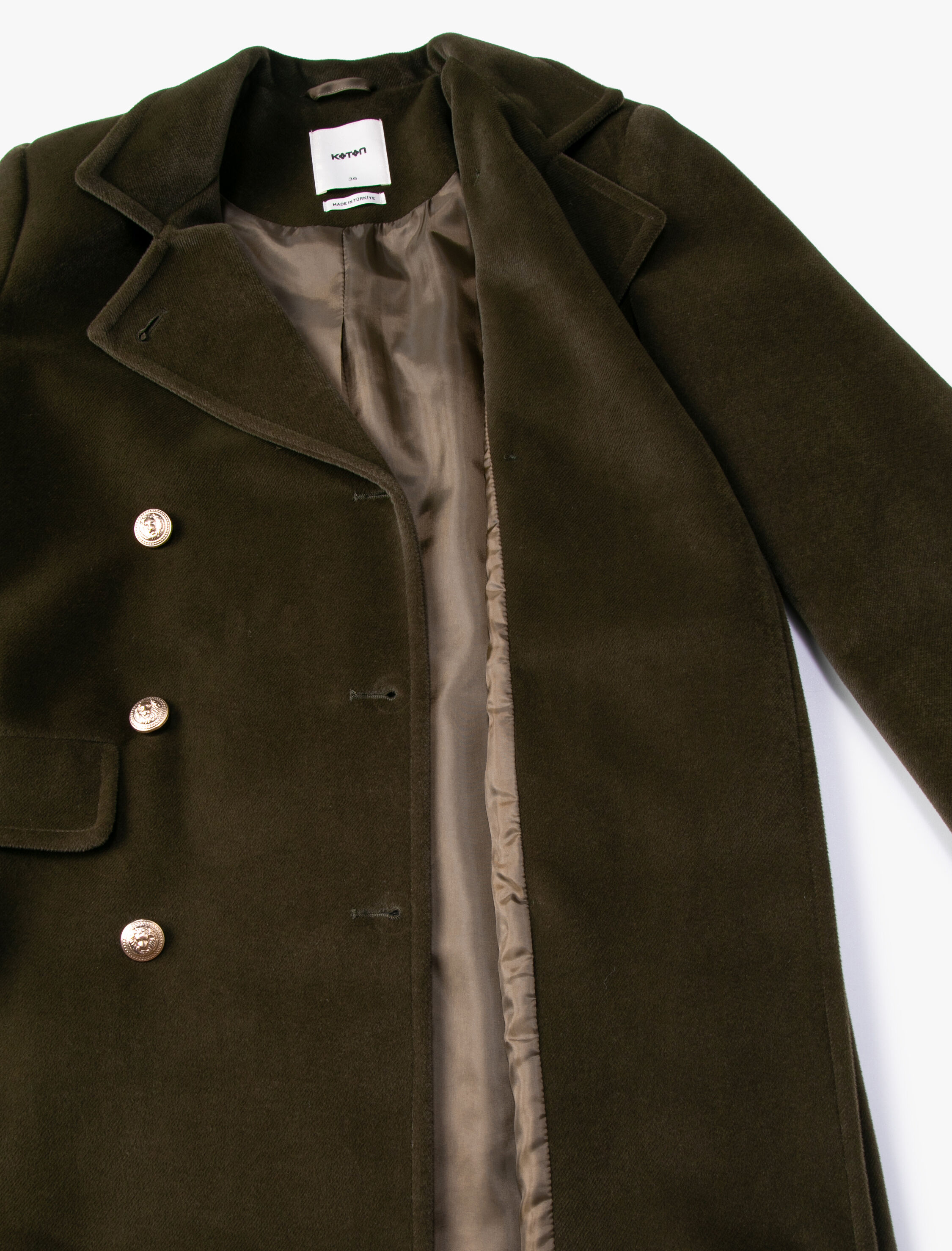 Kaşe Kaban Kruvaze Gold Düğmeli Dik Yaka Kapaklı Cepli