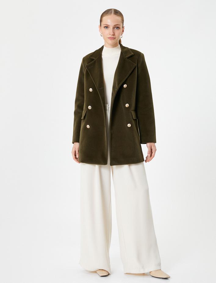  Kaşe Kaban Kruvaze Gold Düğmeli Dik Yaka Kapaklı Cepli