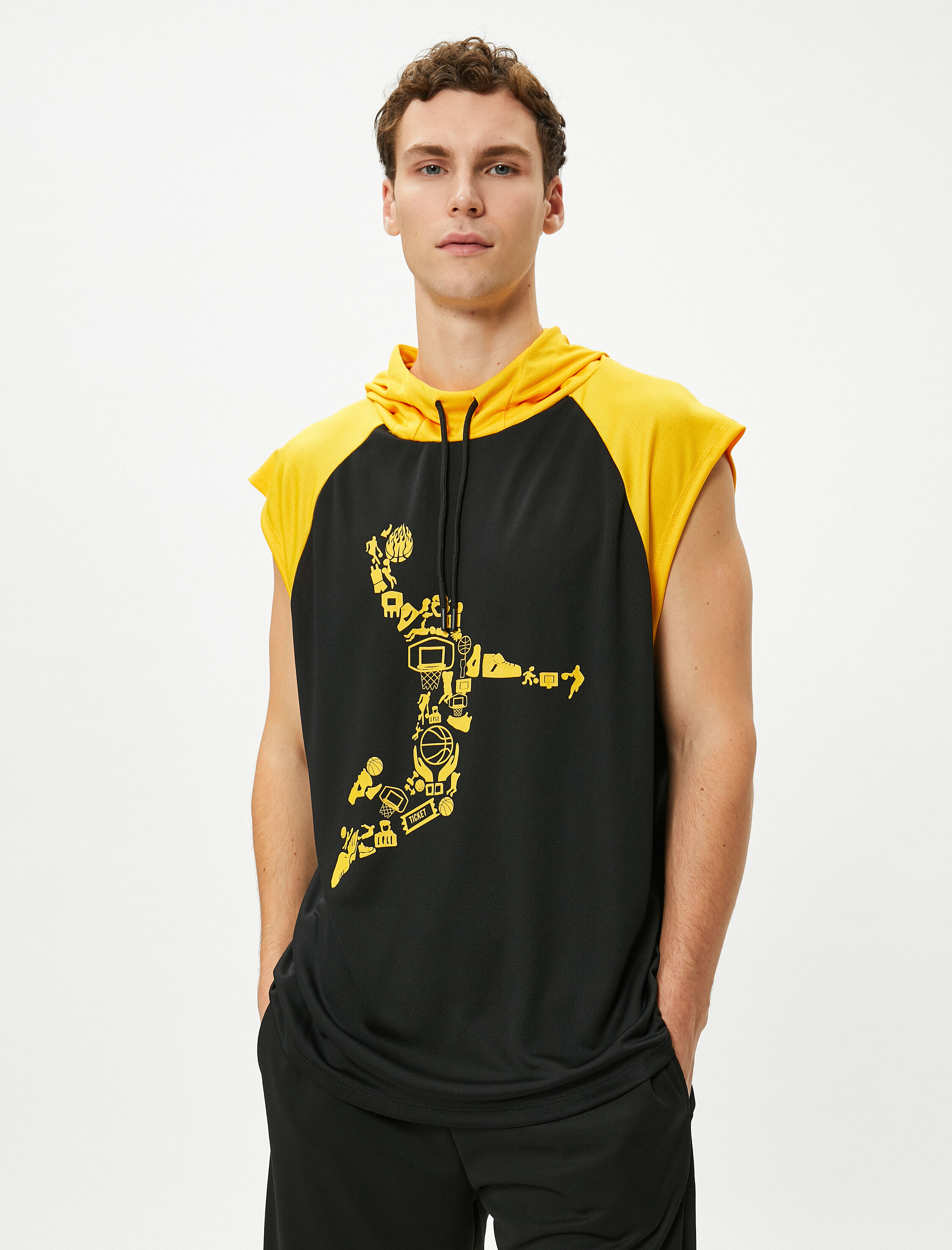   Oversize Sporcu Atleti Kapşonlu Kolsuz Slogan Baskılı