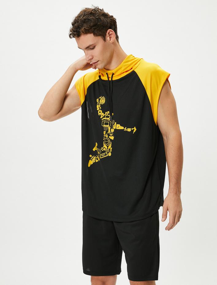  Oversize Sporcu Atleti Kapşonlu Kolsuz Slogan Baskılı