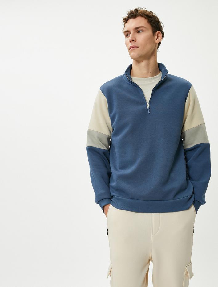  Yarım Fermuarlı Sweatshirt Dik Yaka Renk Bloklu Ribanalı Şardonlu
