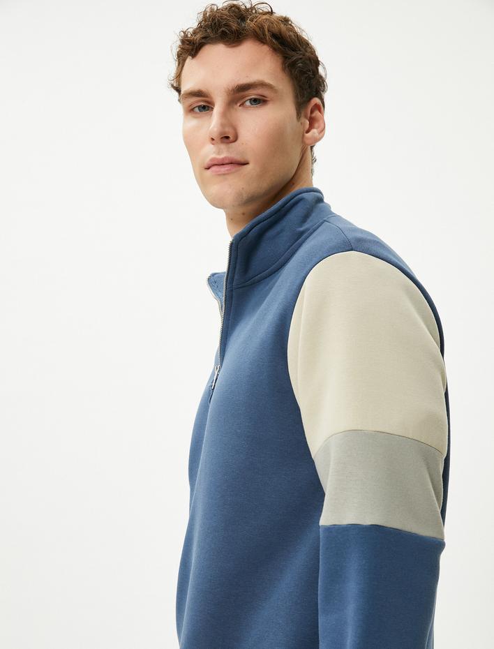  Yarım Fermuarlı Sweatshirt Dik Yaka Renk Bloklu Ribanalı Şardonlu