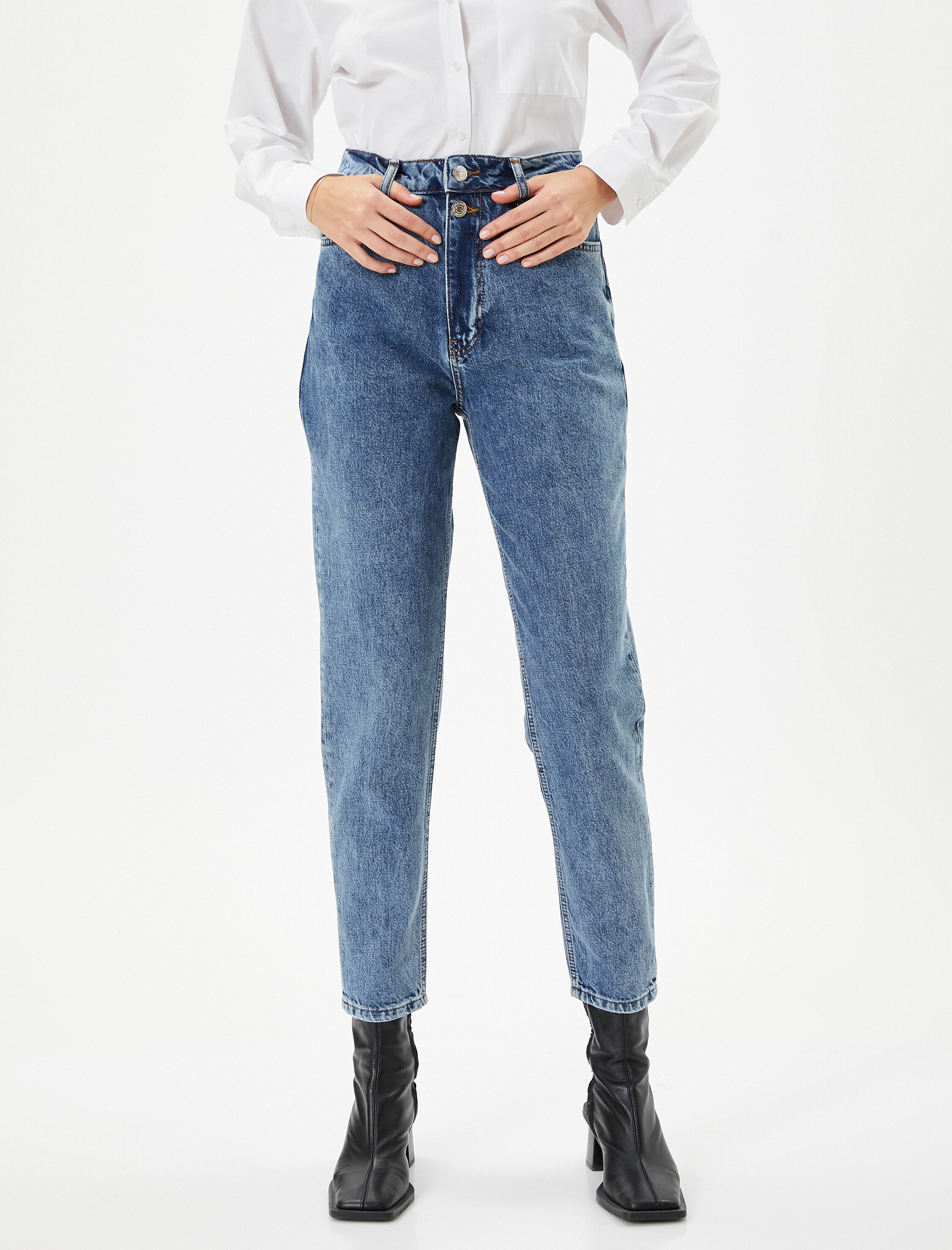   Yüksek Bel Kot Pantolon Rahat Kesim Straight Hafif Dar Kısa Paça - Mom Jean