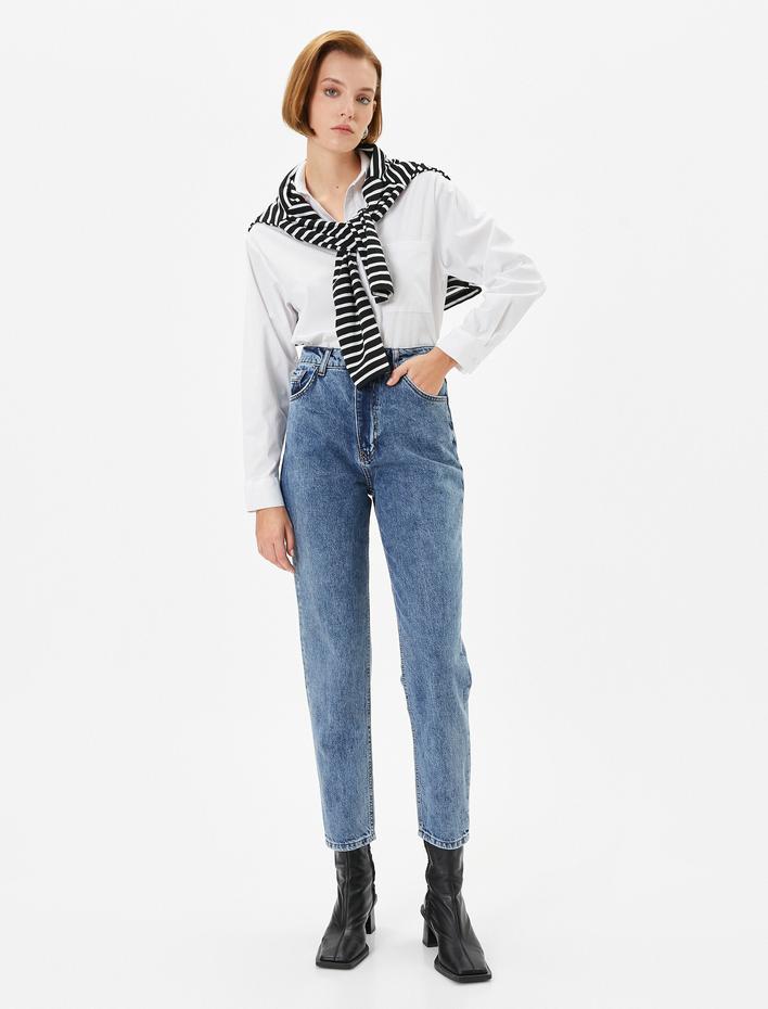  Yüksek Bel Kot Pantolon Rahat Kesim Straight Hafif Dar Kısa Paça - Mom Jean