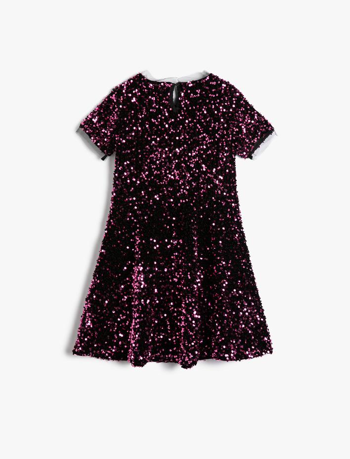 Kız Çocuk Pullu Payetli Elbise Kısa Kollu Yuvarlak Yaka