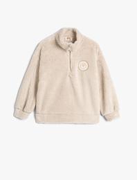 Peluş Sweatshirt Dik Yaka Yarım Fermuar Aplike Detaylı