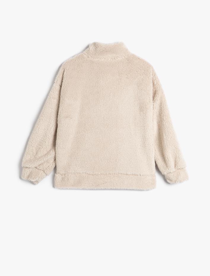 Kız Çocuk Peluş Sweatshirt Dik Yaka Yarım Fermuar Aplike Detaylı