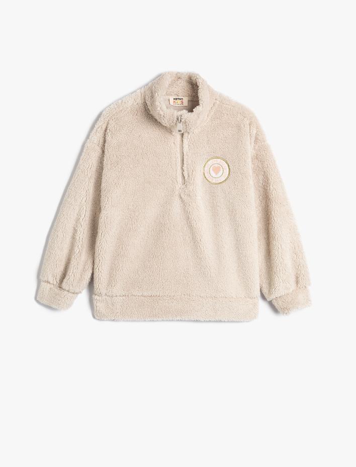 Kız Çocuk Peluş Sweatshirt Dik Yaka Yarım Fermuar Aplike Detaylı