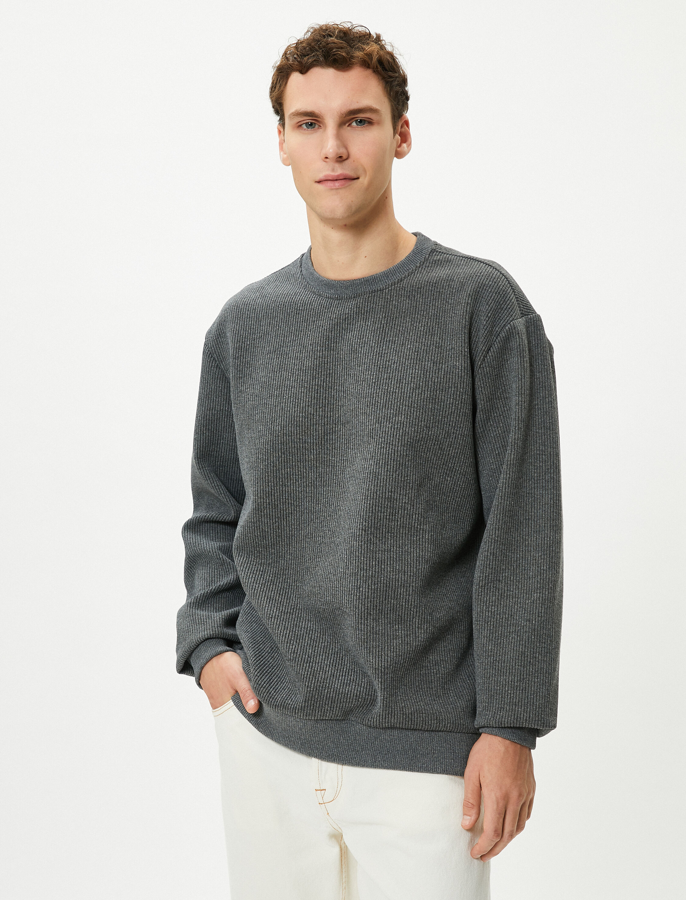   Basic Kazak Bisiklet Yaka Dokulu Uzun Kollu