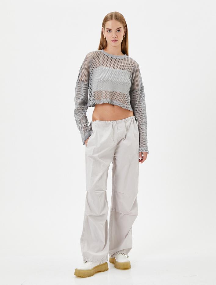  Crop Ajurlu Tişört Uzun Kollu Bisiklet Yaka