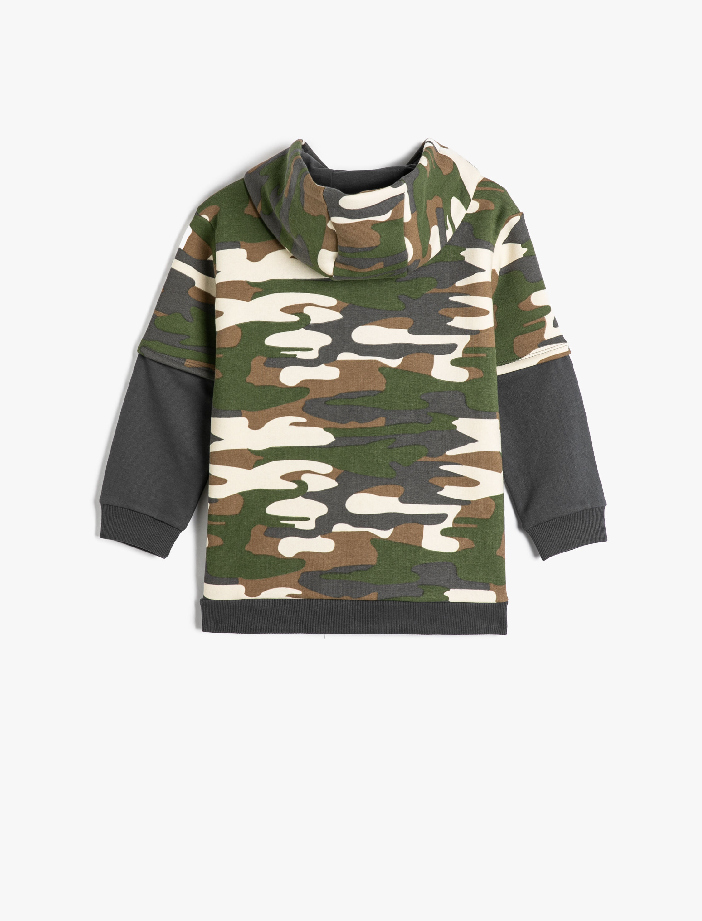  Erkek Çocuk Kamuflaj Desenli Kapşonlu Sweatshirt Kanguru Cepli Şardonlu