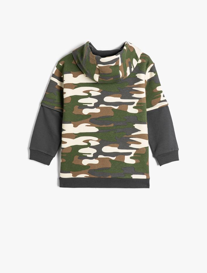 Erkek Çocuk Kamuflaj Desenli Kapşonlu Sweatshirt Kanguru Cepli Şardonlu