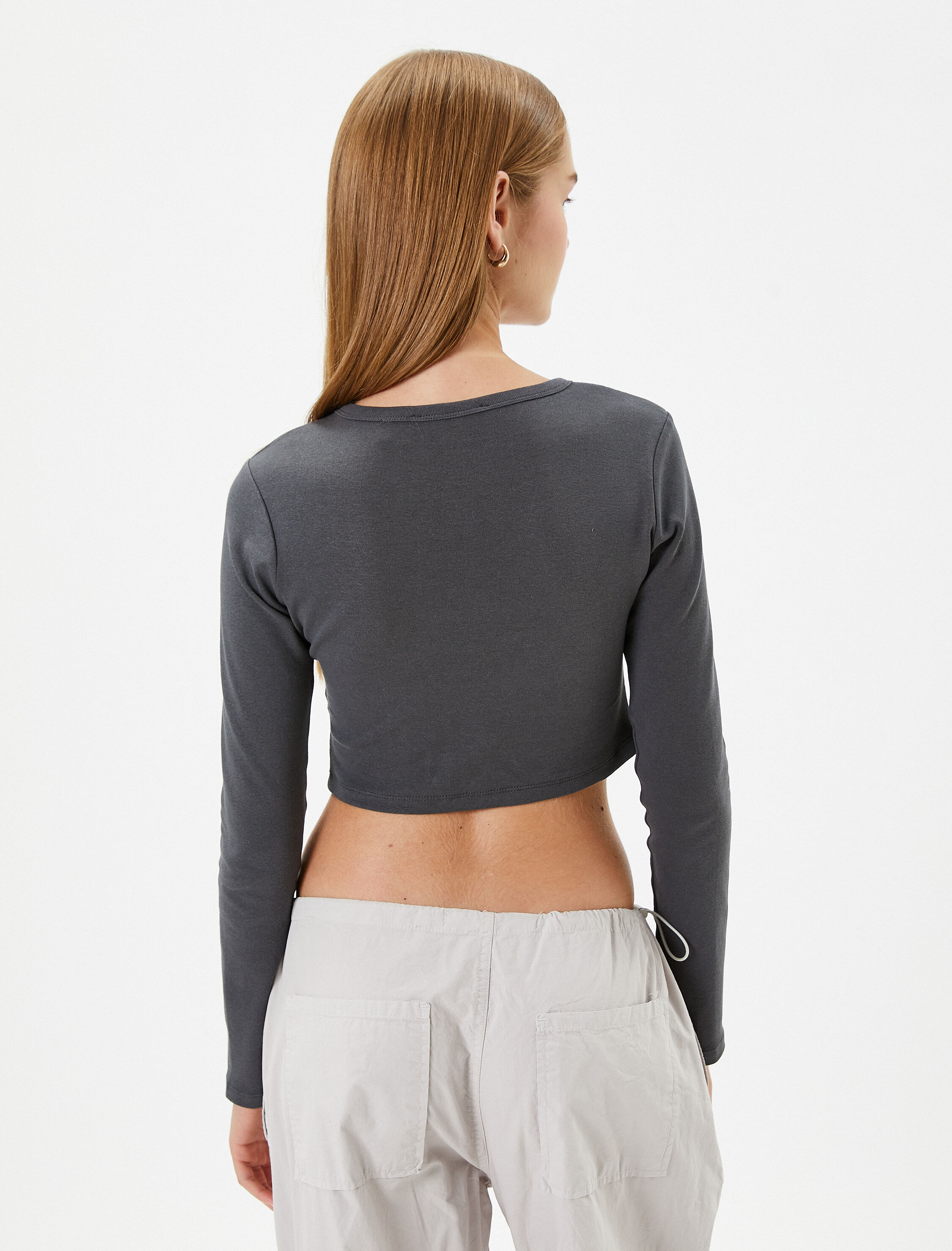   Uzun Kollu Crop Tişört Dar Kalıp Korse Detaylı Bisiklet Yaka Baskılı Pamuklu