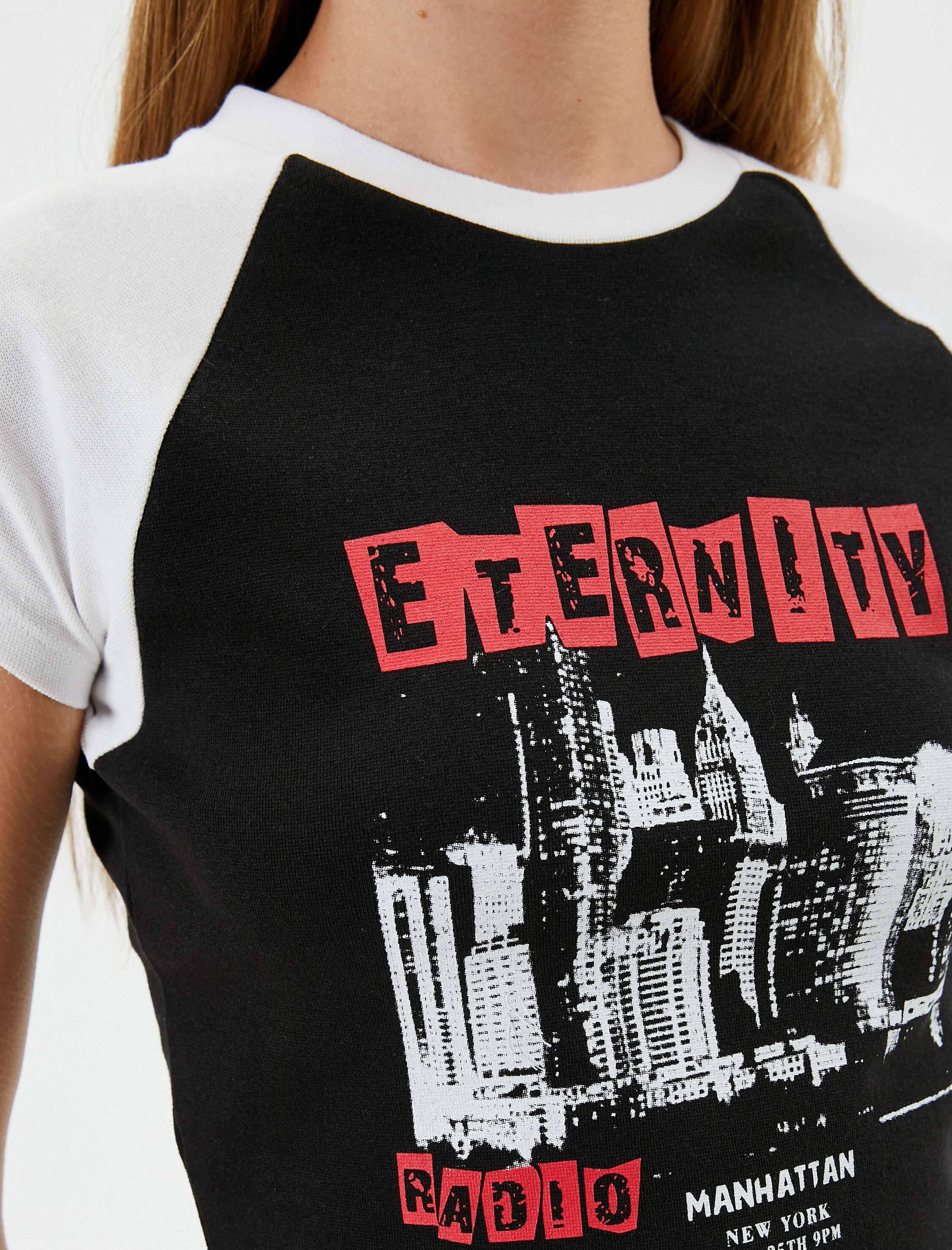   Kısa Kollu Baskılı Tişört Renk Bloklu Bisiklet Yaka Pamuklu