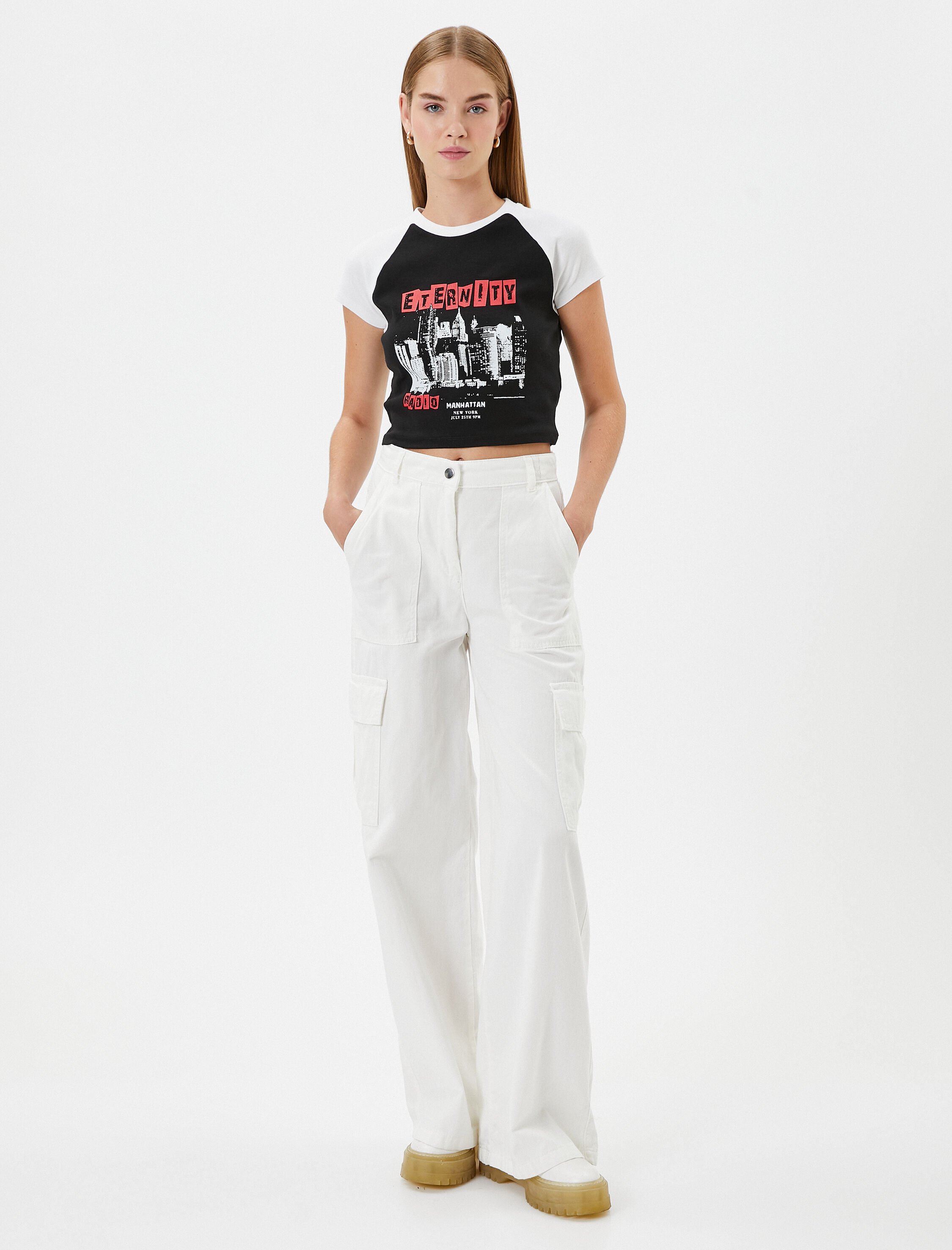   Kısa Kollu Baskılı Tişört Renk Bloklu Bisiklet Yaka Pamuklu