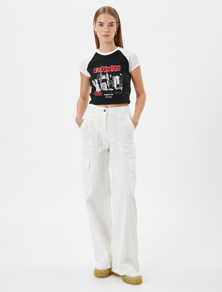  Kısa Kollu Baskılı Tişört Renk Bloklu Bisiklet Yaka Pamuklu