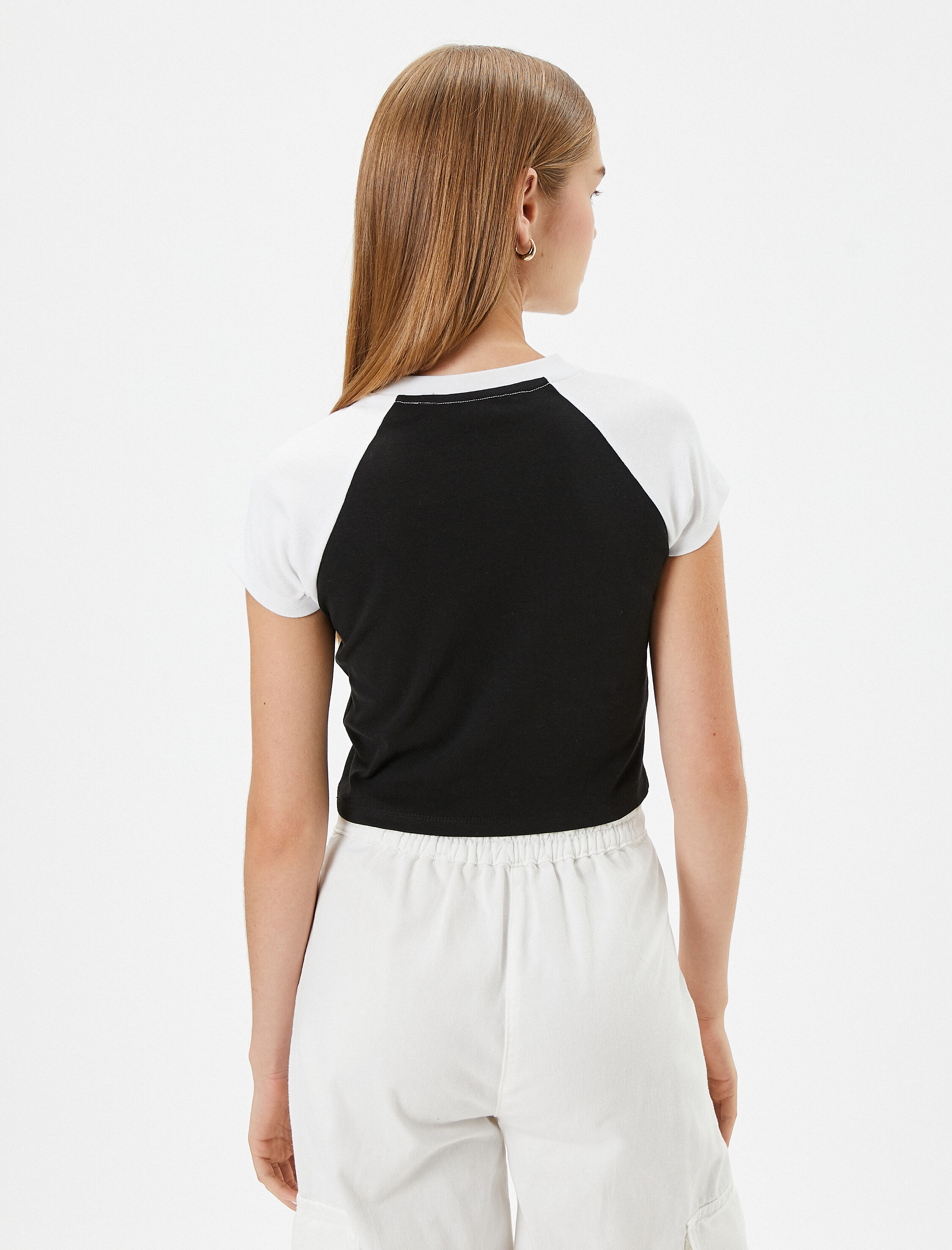   Kısa Kollu Baskılı Tişört Renk Bloklu Bisiklet Yaka Pamuklu