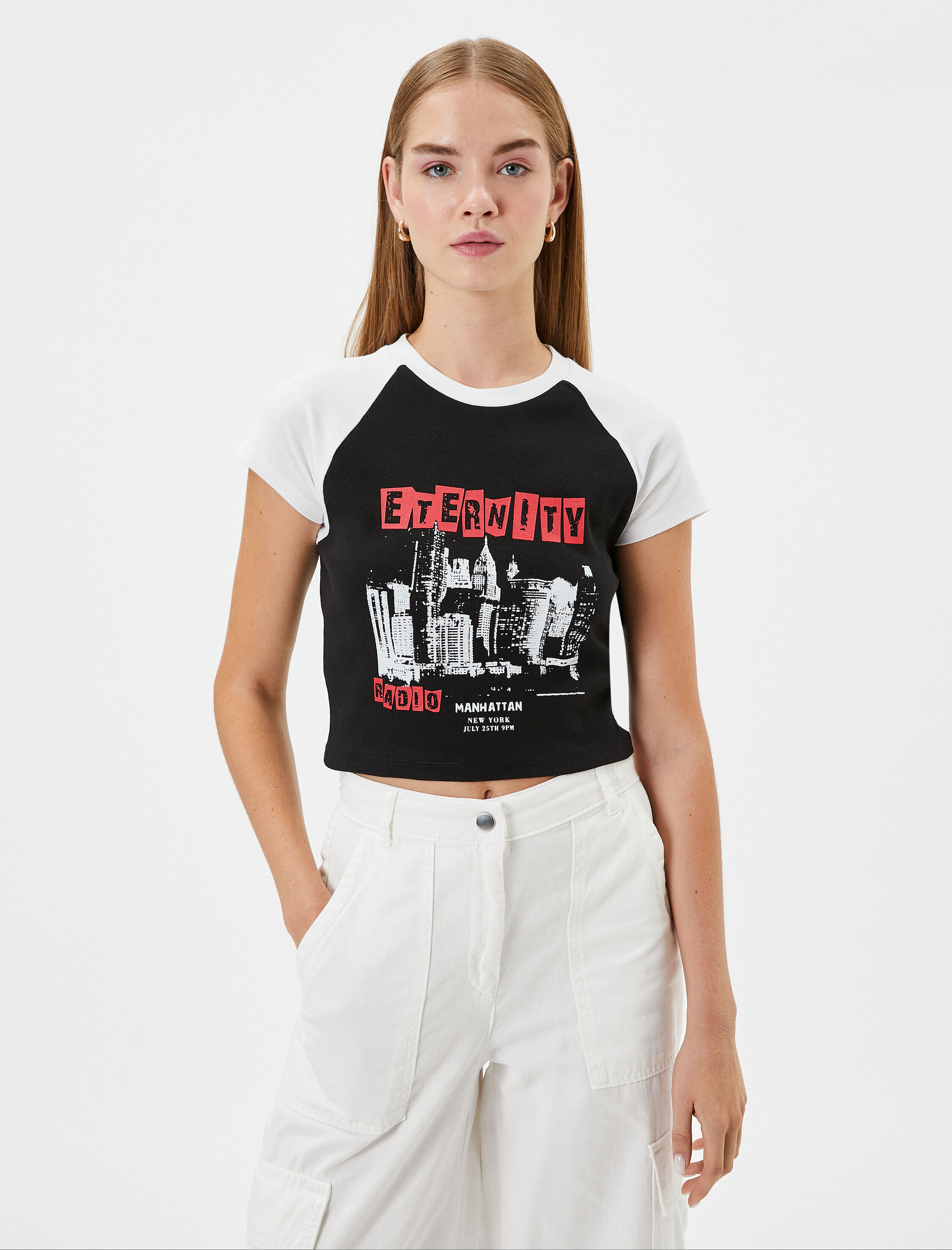   Kısa Kollu Baskılı Tişört Renk Bloklu Bisiklet Yaka Pamuklu