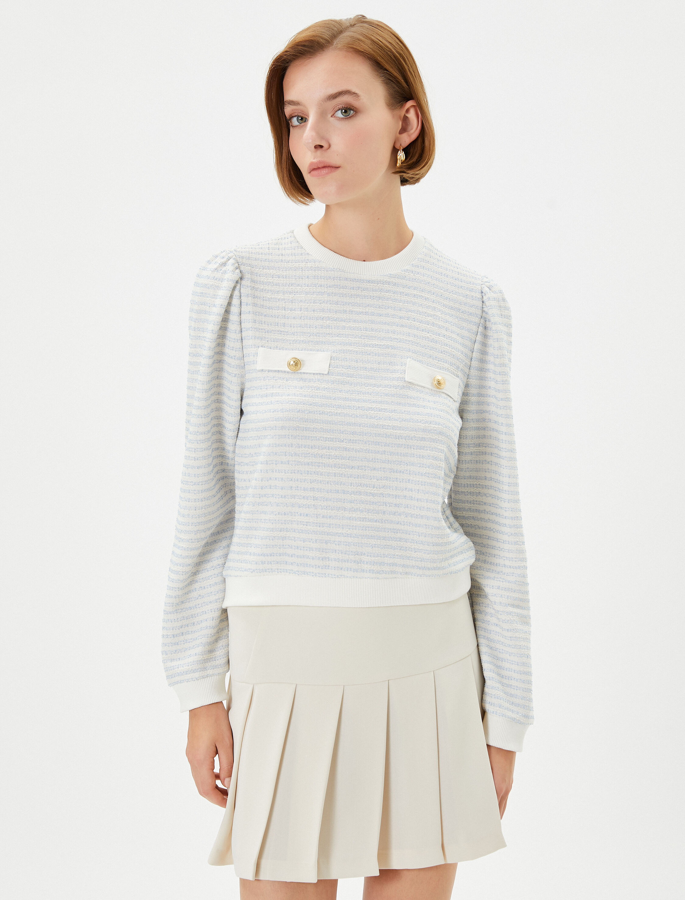   Bisiklet Yaka Sweatshirt Balon Kollu Gold Düğmeli