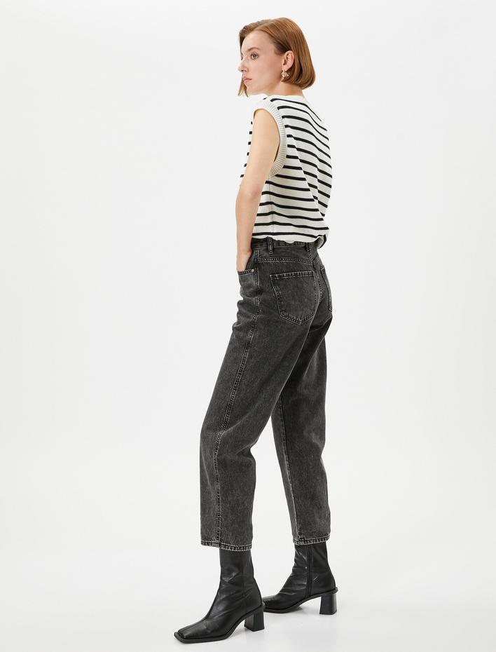  Straight Jean Kot Pantolon Düz Paça Yüksek Bel Pamuklu Cepli  - Eve Jean