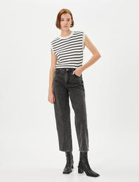 Straight Jean Kot Pantolon Düz Paça Yüksek Bel Pamuklu Cepli  - Eve Jean