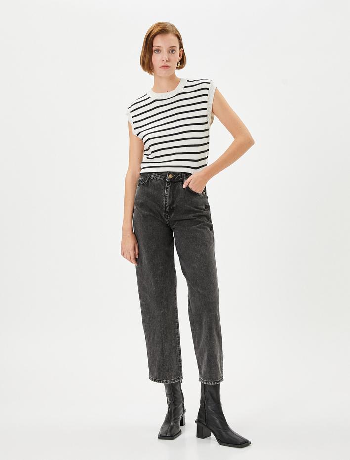  Straight Jean Kot Pantolon Düz Paça Yüksek Bel Pamuklu Cepli  - Eve Jean