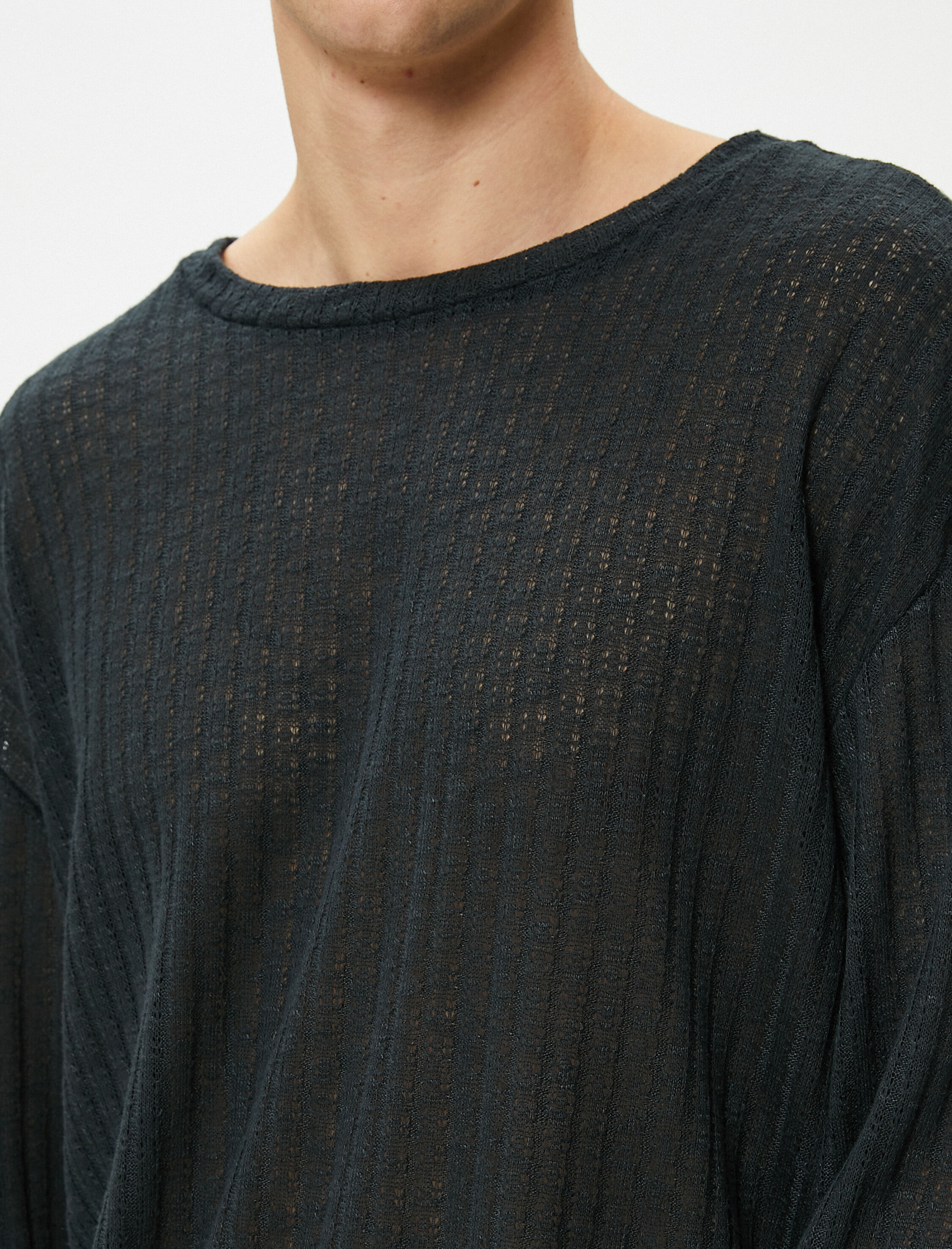   Basic Kazak Relax Fit Dokulu Bisiklet Yaka Uzun Kollu