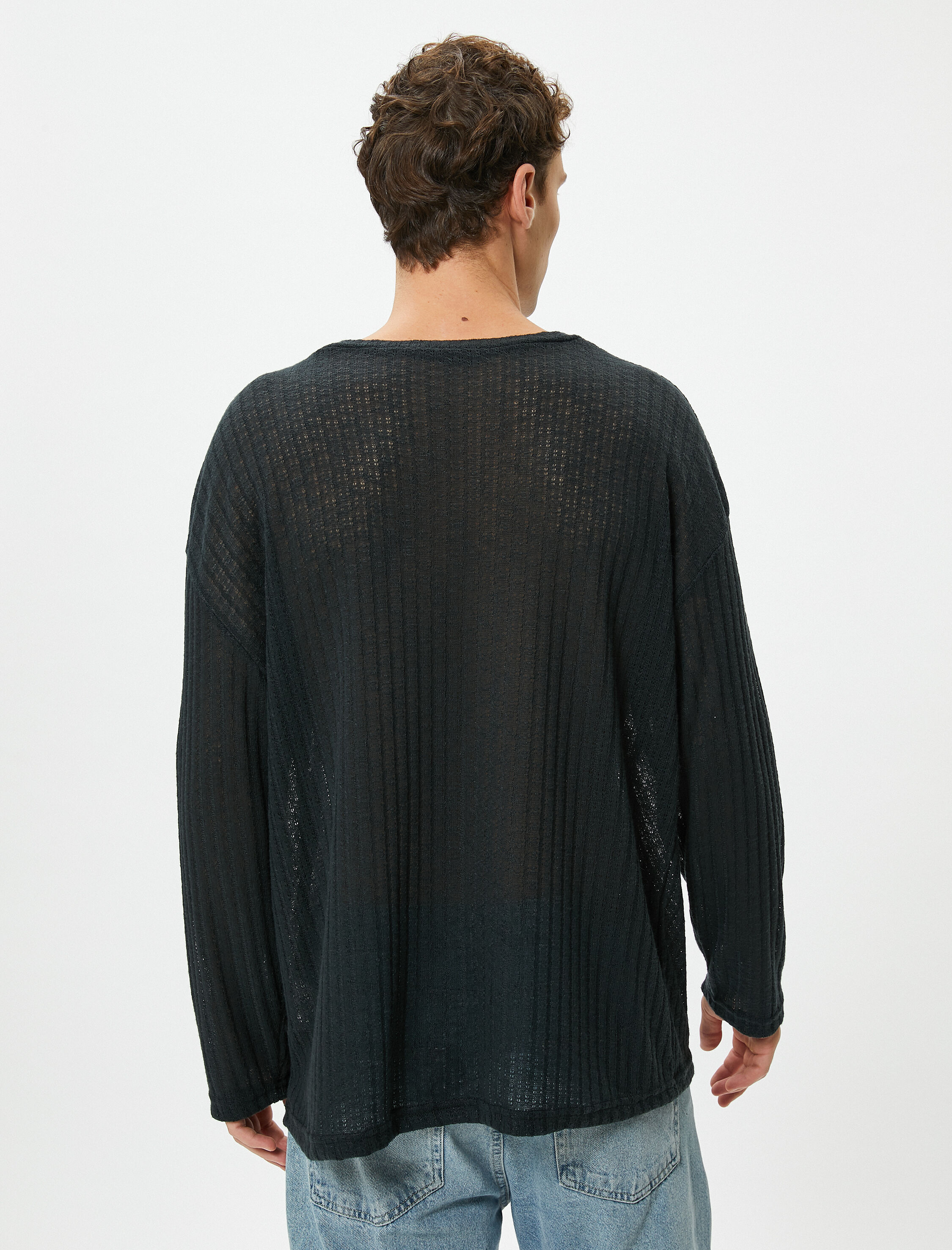   Basic Kazak Relax Fit Dokulu Bisiklet Yaka Uzun Kollu