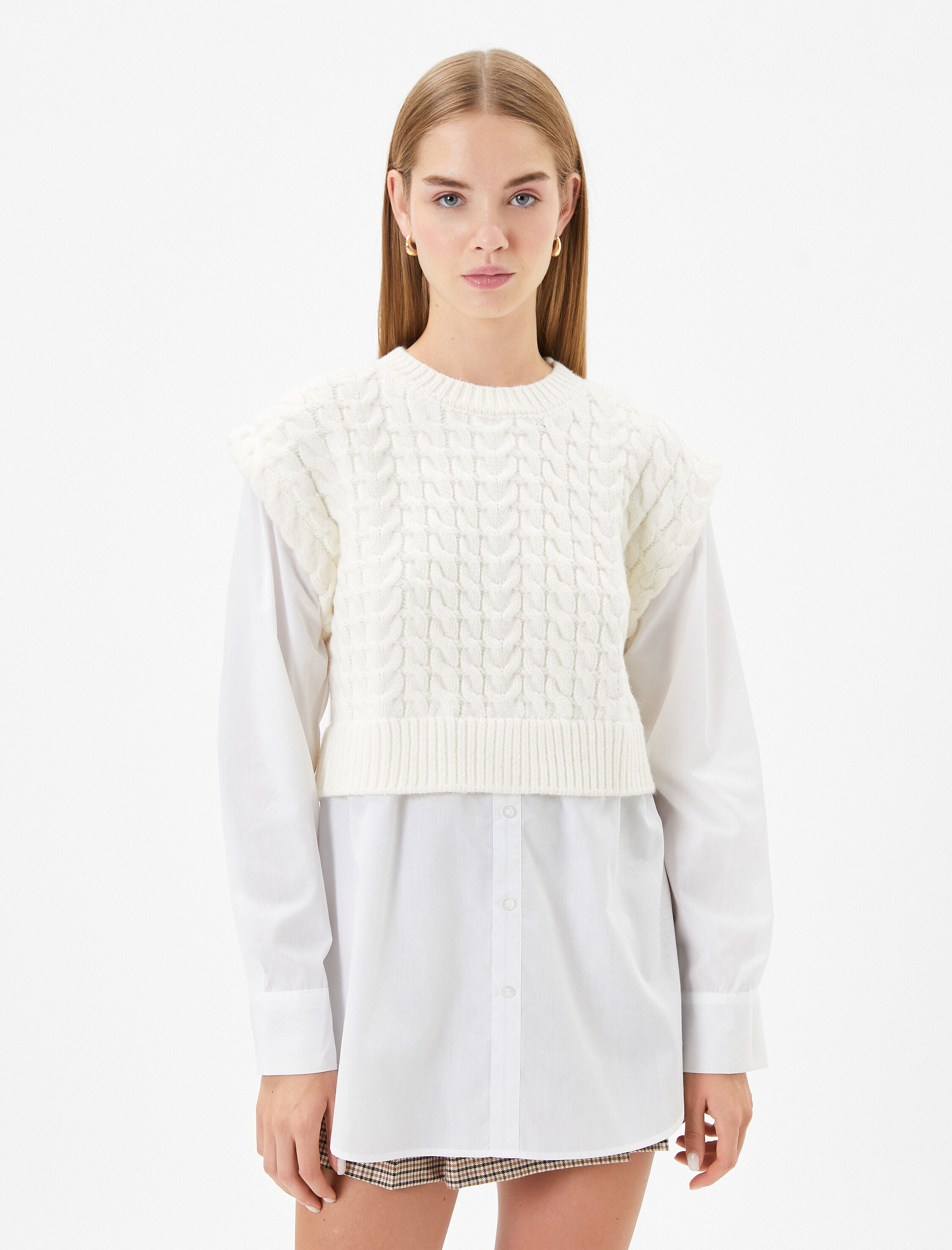   Triko Süveter Detaylı Tunik Çift Kumaş Uzun Kollu Yuvarlak Yaka