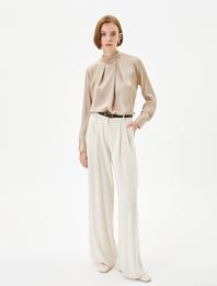 Saten Bluz Uzun Kollu Dik Yaka Drapeli